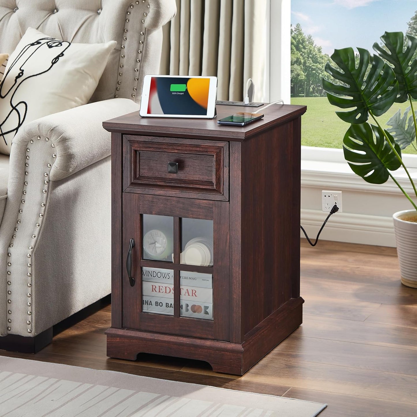 Farmhouse XXL End Table with Charging Station, Side Table with USB Ports and Outlets, Nightstand with Drawer and Glass Door Storage, Cherry Bedside Tables for Living Room, Bedroom, Office