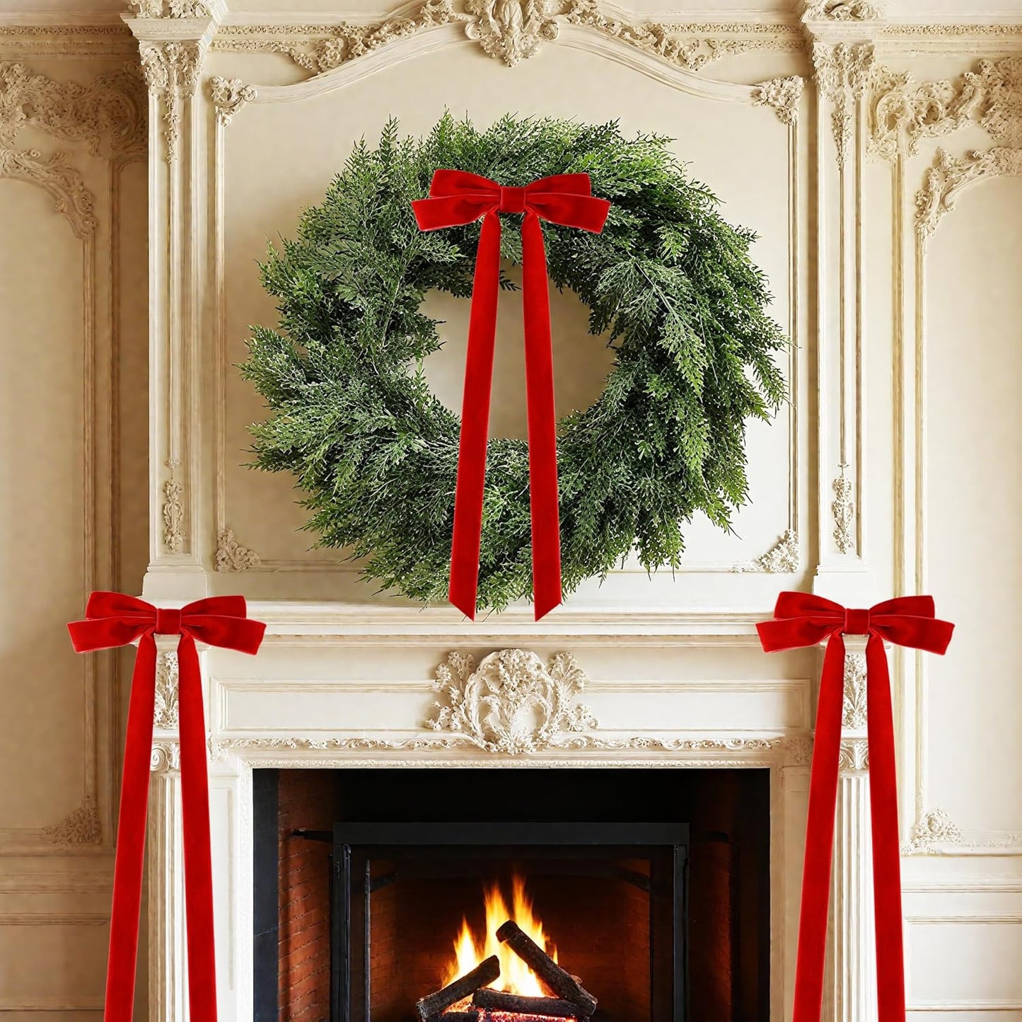 Senjie 10Pcs Large Velvet Christmas Tree Bows, 20in x 8in Premade Vintage Ribbon Tree Topper Bows Ornaments for Staircase Garland Wreath Holiday Home DIY Crafts Decorations, Red