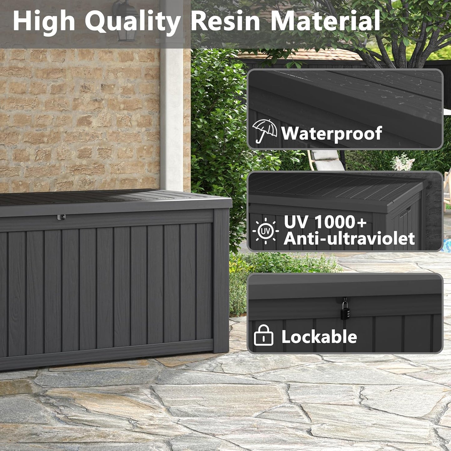 150 Gallon Resin Deck Box, Large Indoor and Outdoor Storage Box, Weatherproof and UV Resistant Outdoor Storage Box with Built-in Steel Beams for Patio, Cushions, Pool Supplies