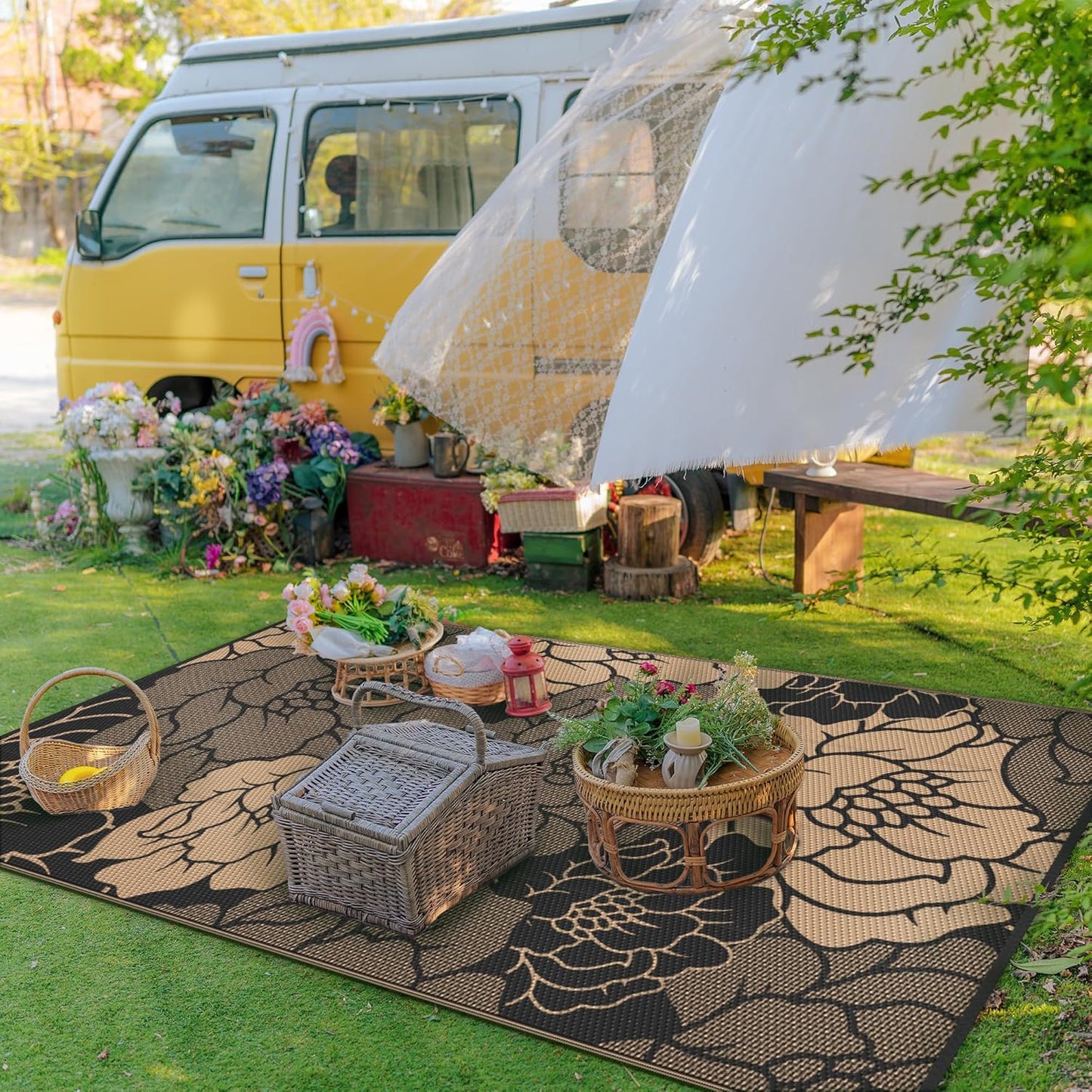 GENIMO Outdoor Rug Waterproof for Patio Decor, 8' x 10' Reversible Plastic Straw Floral Camping Carpet, Large Area Rugs Mats for RV, Camper, Deck, Balcony, Porch, Beach, Picnic, Mix-Black & Brown