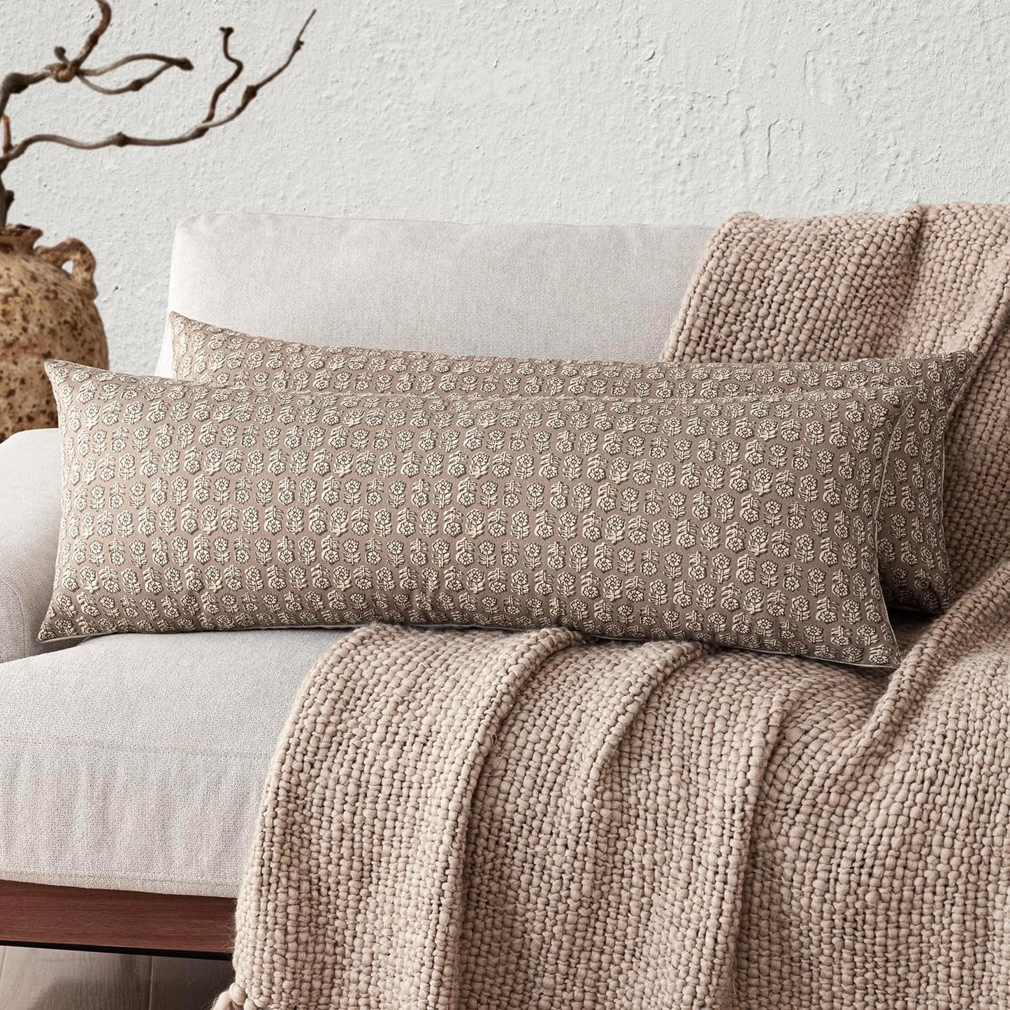 Foindtower Set of 2 Decorative Floral Body Lumbar Throw Pillow Covers Neutral Modern Farmhouse Cushion Covers Vintage Home Decor for Sofa Couch Chair Bedroom Living Room Outdoor,14×36 Inch,Tan Taupe