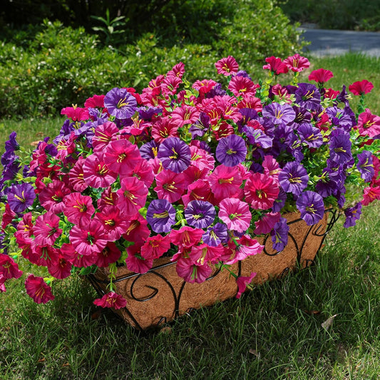 Artificial Flowers for Outdoors Fake Plants Outside Decoration, 12 Bundles Silk Colorful Morning Glory with Eucalyptus UV Resistant Realistic Faux Flowers for Planter Porch Patio Yard Garden