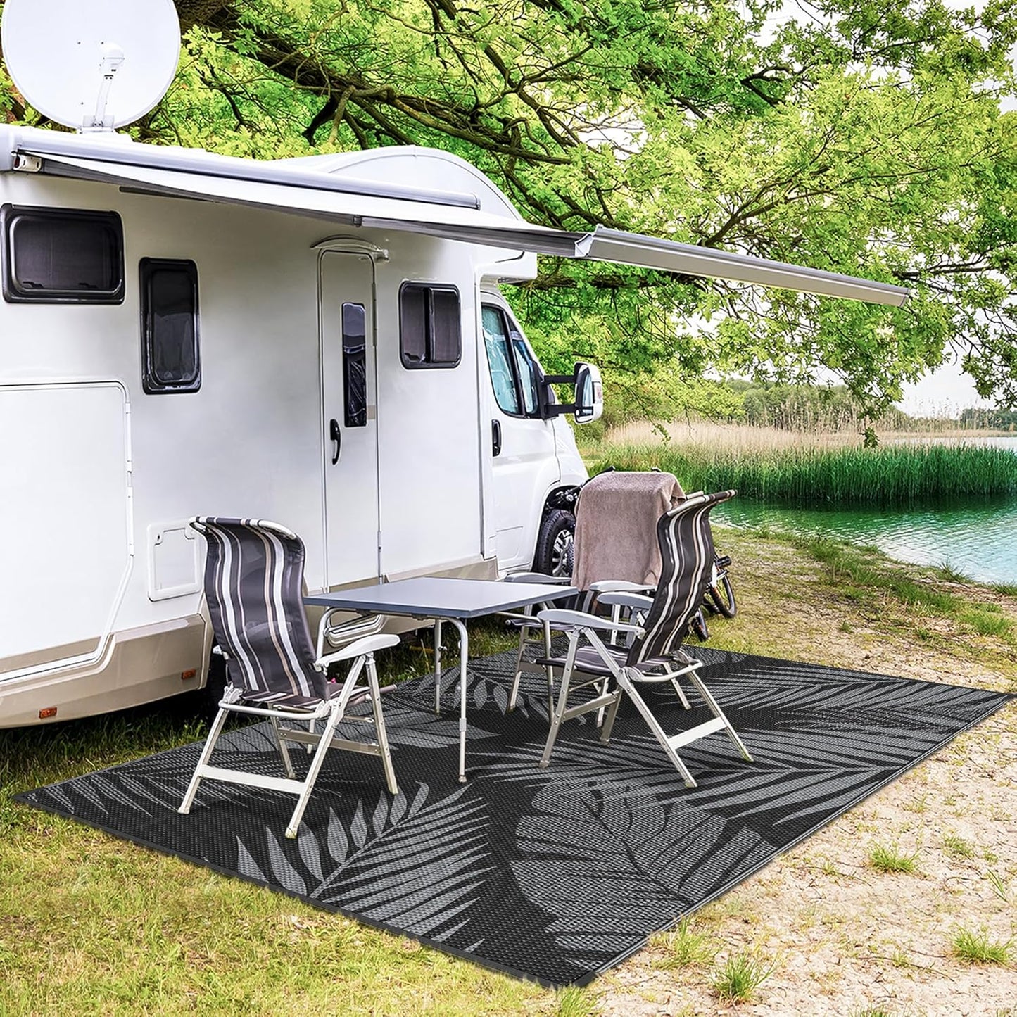 GENIMO Outdoor Rug 9' x 12' Waterproof for Patios Clearance, Reversible Outdoor Plastic Straw Camping Rug Carpet, Large Area Rugs Mats for RV, Camper, Deck, Balcony, Porch, Beach, Picnic, Black&Grey