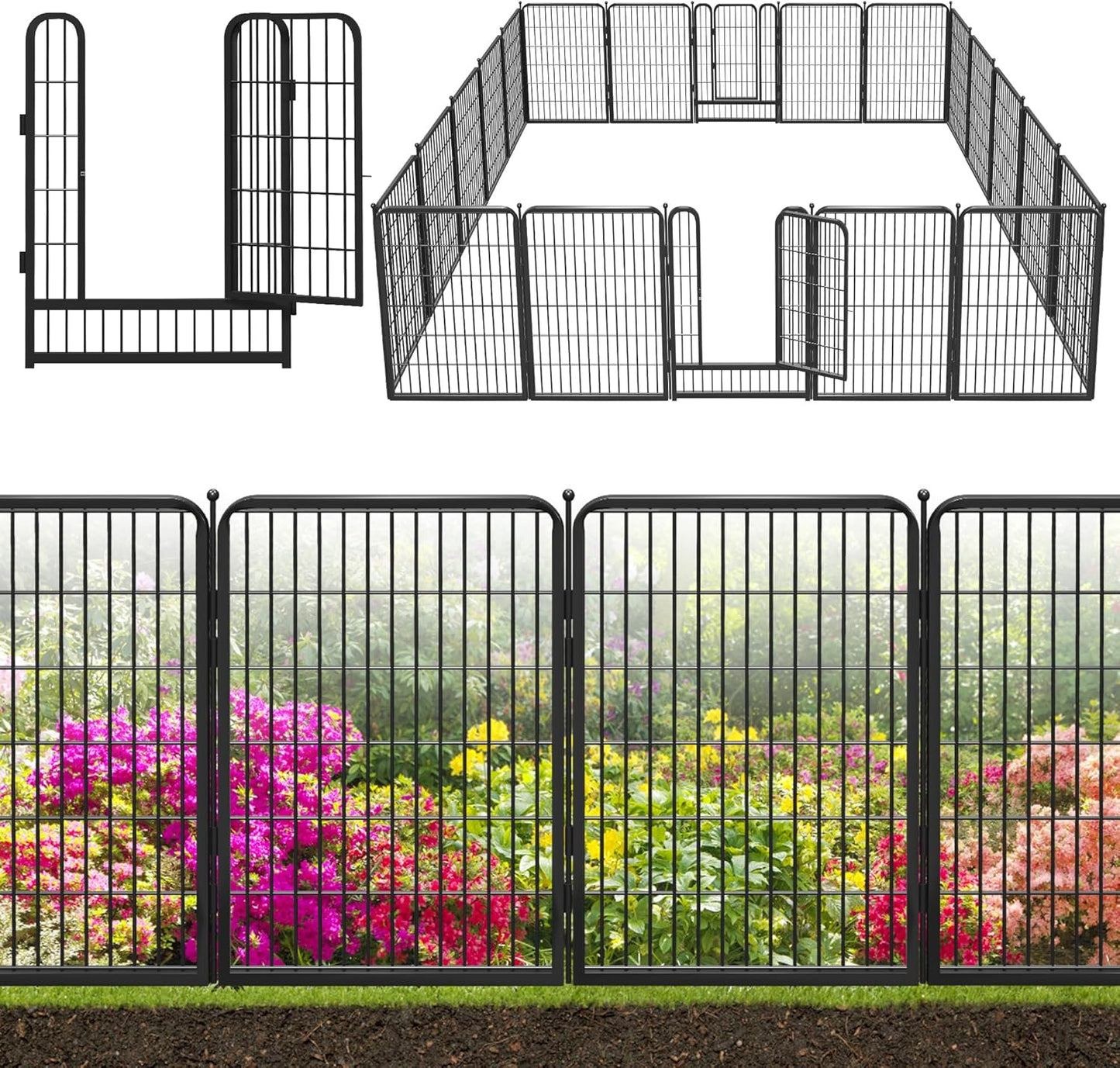 Decorative Black Metal Fencing Garden Fence with Gate, 45ft(L) 40in(H) 20 Fence Panels No Dig Fence Rustproof Animal Barrier Fence Temporary Dog Panels Fencing Outdoor