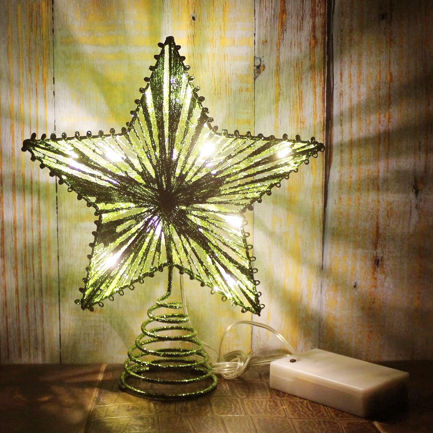 CVHOMEDECO. Green Glittered 3D Tree Top Star with Warm White LED Lights and Timer for Christmas Tree Decoration and Holiday Seasonal Décor, 8 x 10 Inch