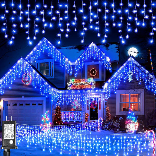 98FT Blue Icicle Lights for Outside, 1216 LED Icicle Christmas Lights with 8 Modes 228 Drops, Curtain Twinkle Lights for Indoor Outdoor Bedroom House Holiday Party Wedding Decorations