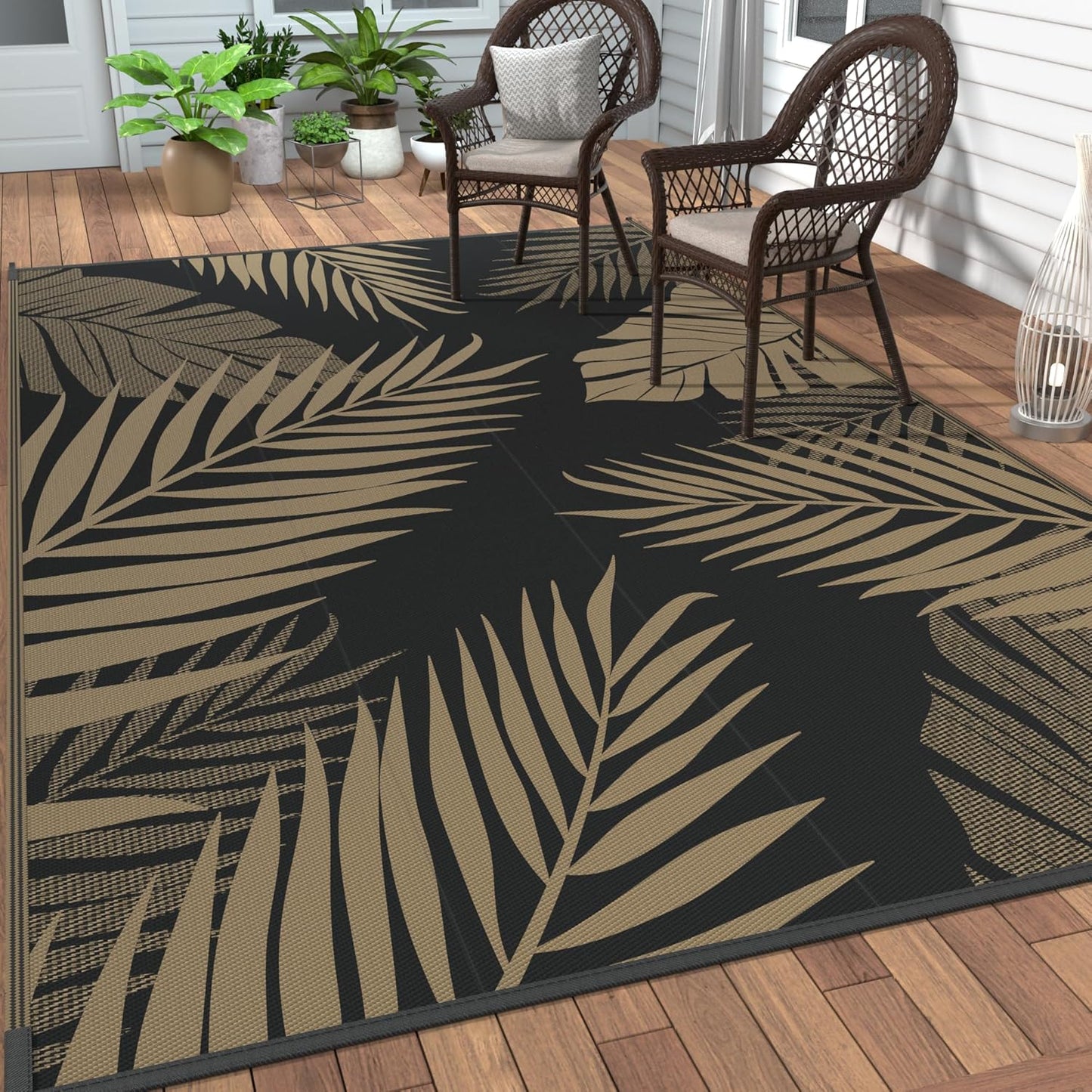 GENIMO Outdoor Rug 9' x 18' Waterproof for Patios Clearance, Reversible Outdoor Plastic Straw Camping Rug Carpet, Large Area Rugs Mats for RV, Camper, Deck, Balcony, Porch, Beach, Picnic, Black&Brown