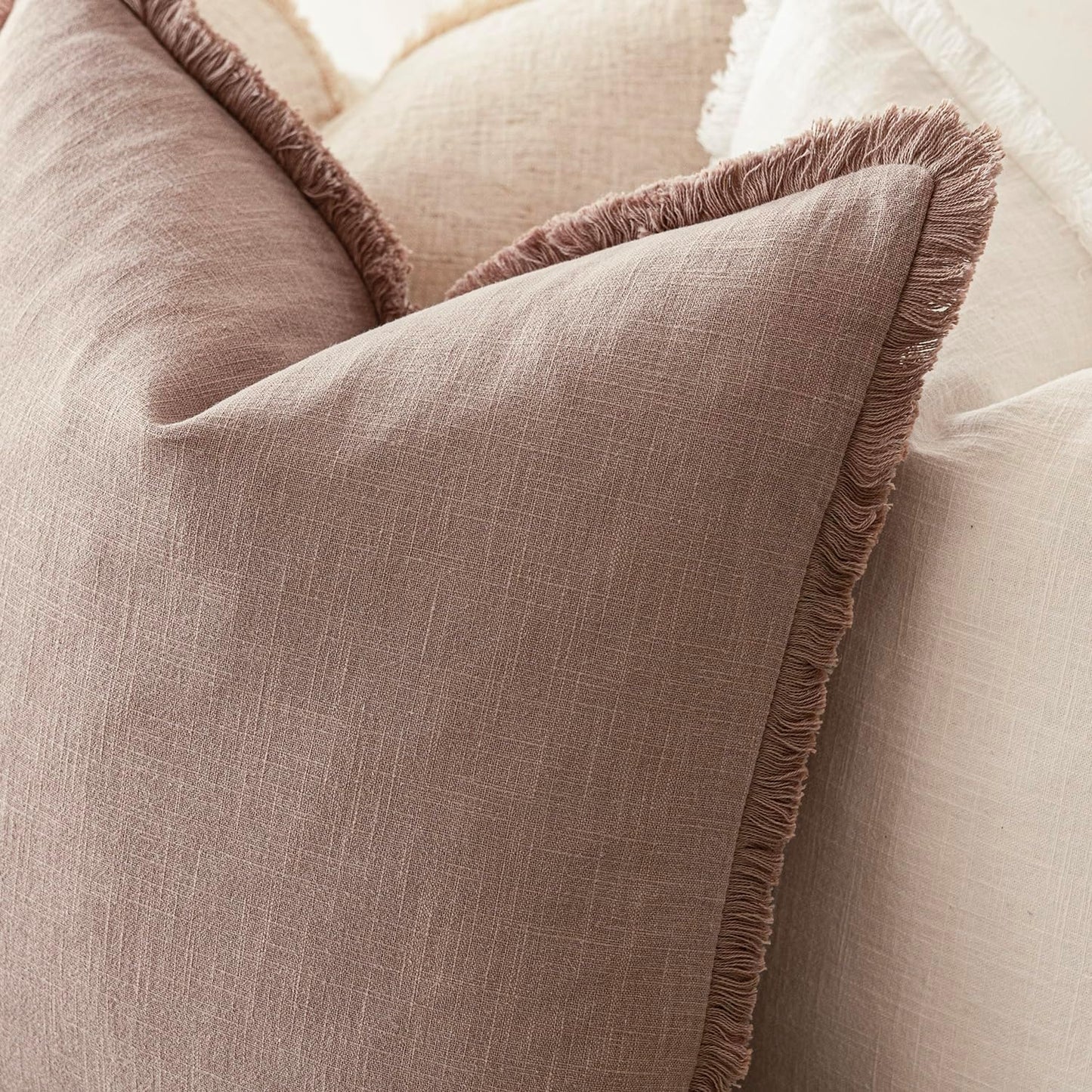 Foindtower Set of 2 Decorative Linen Fringe Lumbar Throw Pillow Covers Farmhouse Cushion Cover with Tassels Soft Accent Pillowcase for Couch Sofa Bed Living Room Home Decor,12×24 Inch,Dusty Pink