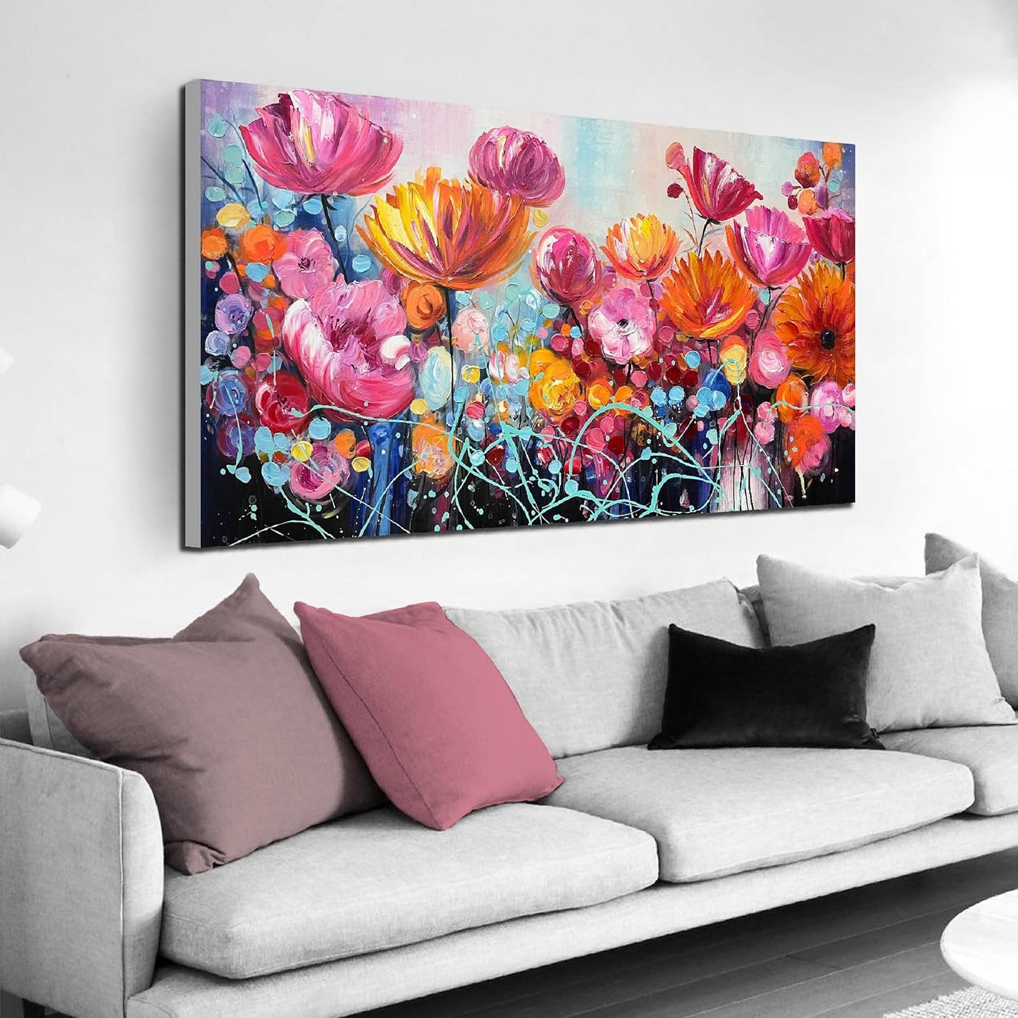 ENTANUB Flower Wall Art for Livng Room, Pink Floral Canvas Wall Decor for Bedroom, Hand Painted Artwork, Large Size 29x59 Inches