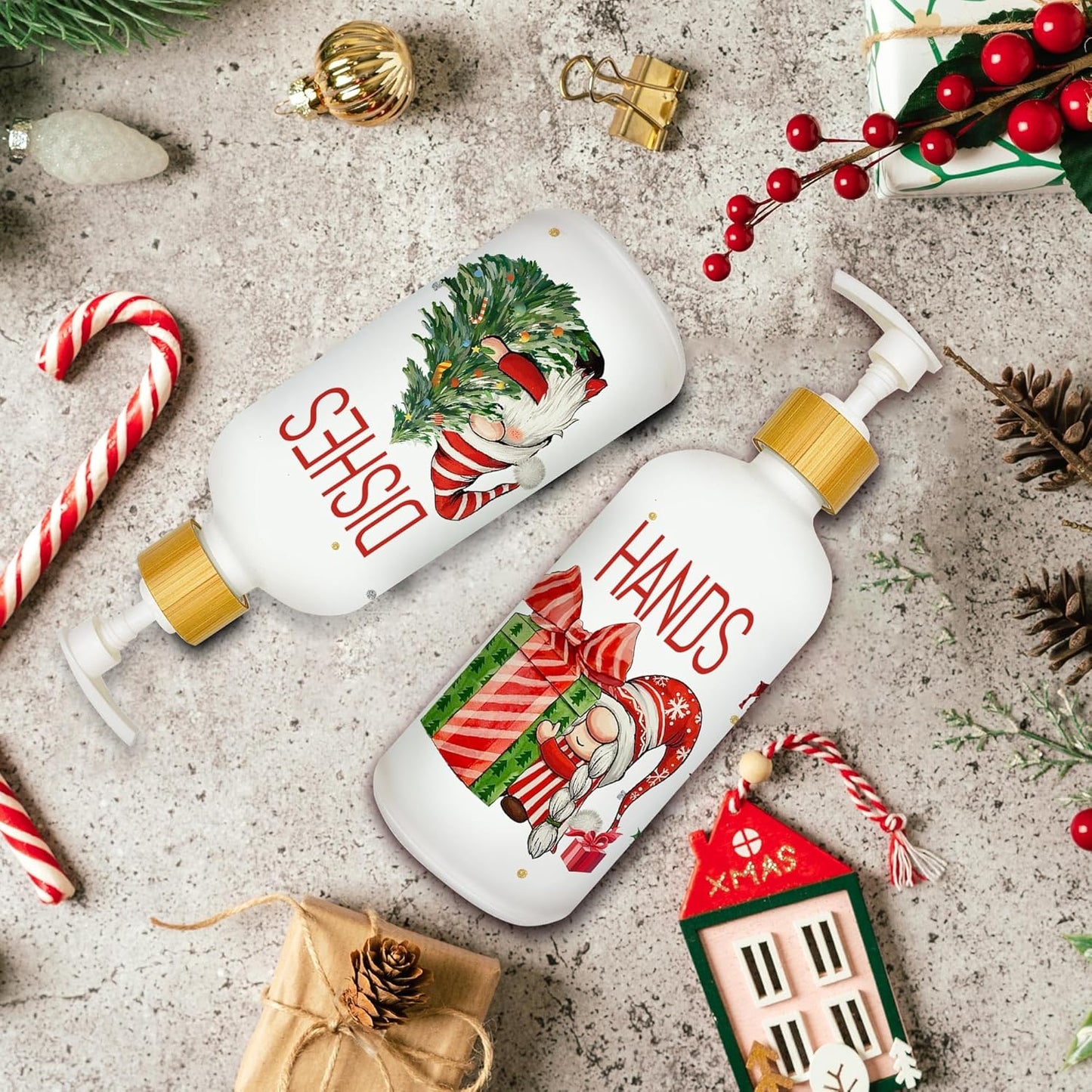 Hexagram Christmas Soap Dispenser Set of 2, Christmas Kitchen Decor, Xmas Gnomes Glass Soap Dispenser for Home Indoor Decorations, Xmas Refillable Lotion Essential Oil Dispensers with Pump