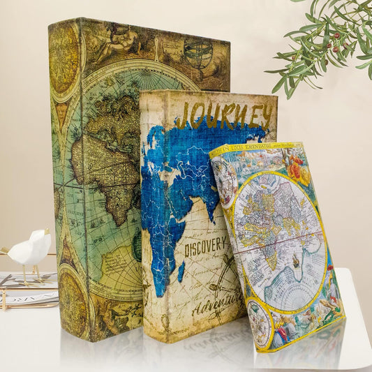 Decorative Book Box Set of 3, Fake Book Trinket Keepsake Storage Boxes with Ancient World Map Pattern, Graduation Gift