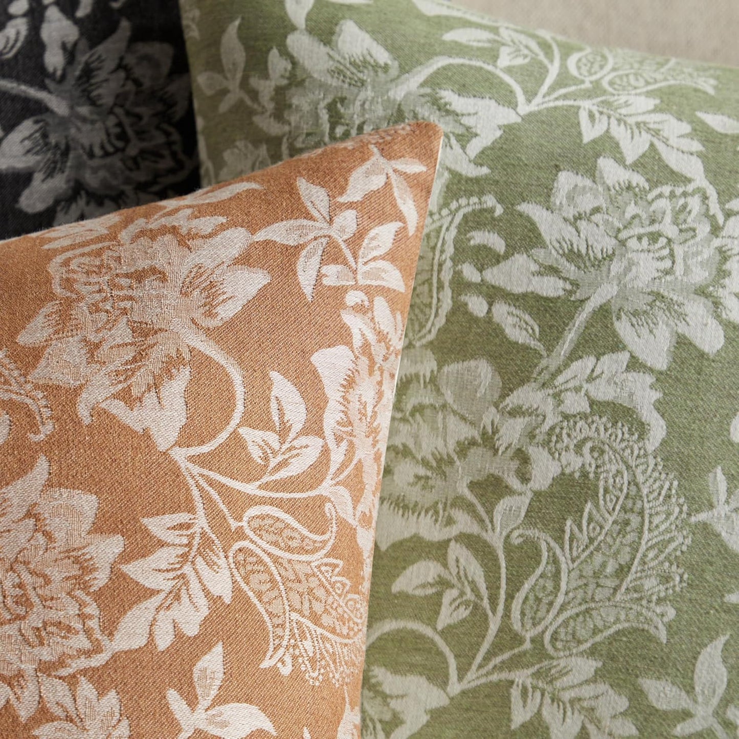 Floral Jacquard Throw Pillow Covers Set of 2, Background/Green 20x20 Inch, Farmhouse Decorative Cotton Sage Green Cushion Covers for Sofa Bed Living Room Home Decor