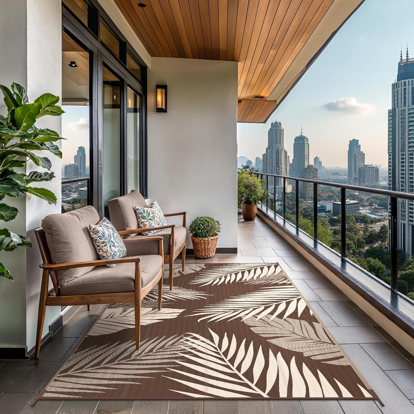 GENIMO Outdoor Rug 6' x 9' Waterproof for Patios Clearance, Reversible Outdoor Plastic Straw Camping Rug Carpet, Large Area Rugs Mats for RV, Camper, Deck, Balcony, Porch, Beach, Picnic, Coffee&Beige