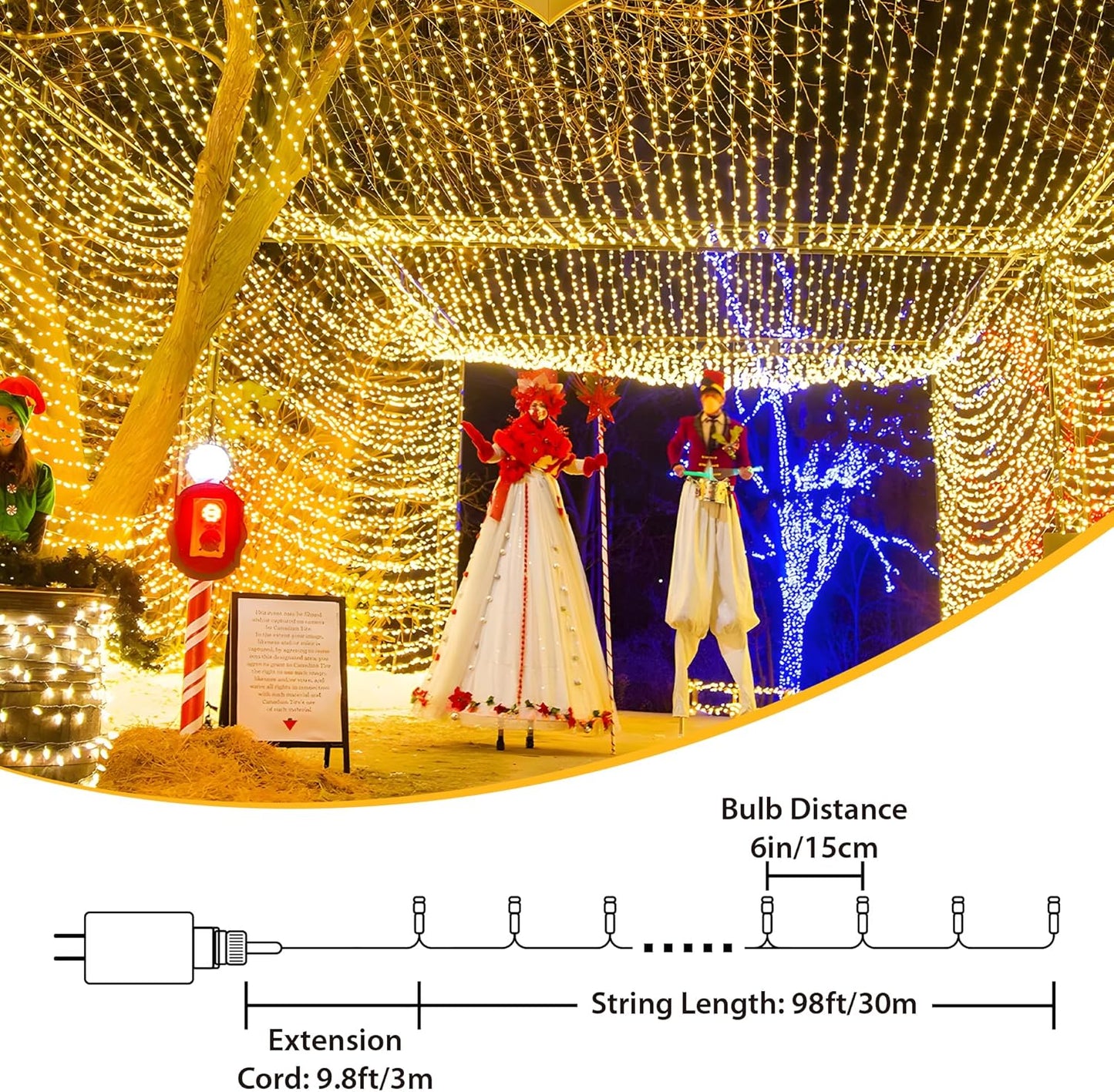 98FT 200 LEDs String Lights Waterproof Fairy Lights 8 Modes with Memory 30V UL Certified Power Supply for Home, Garden, Wedding, Party, Christmas Decoration Indoor Outdoor (Warm White)