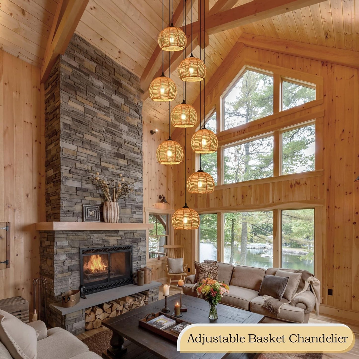 8-Light Woven Foyer Chandeliers for High Ceiling H100",8 Dome Boho Rattan Pendant Lights Farmhouse Ceiling Light,rustic Hemp rope Light Fixture For Living Room Hallway Staircase Entryway (Bulb Incl.