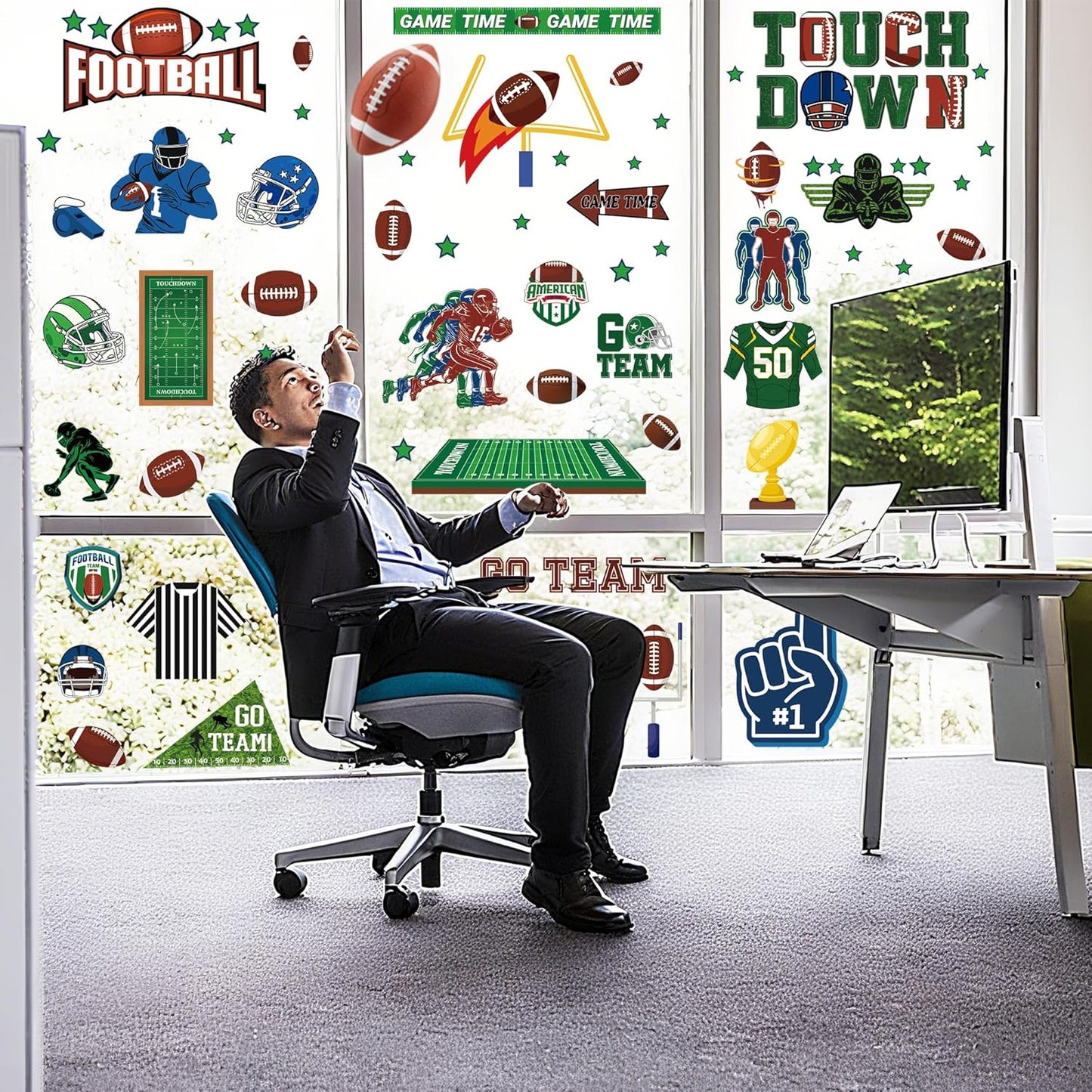 Football Window Clings, Football Party Decorations, Touch Down Party Window Stickers, Green Brown Themed Stickers Decal Gel for Touchdown Party Decor Accessories Set