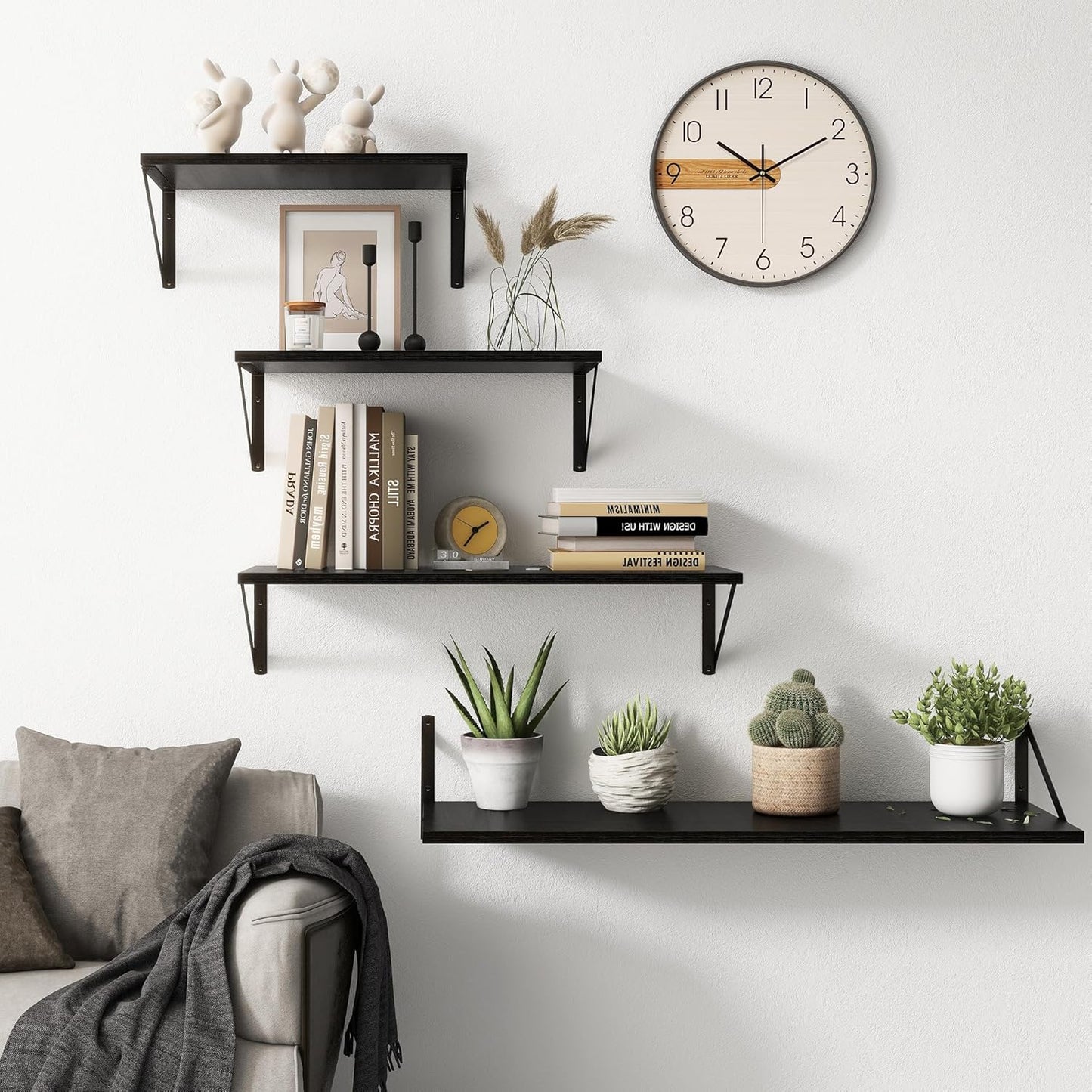 Fun Memories 27.5" W x10 D Floating Shelves, Black Wall Shelf with Brackets, 10 Inch Deep Floating Shelf Set of 2, Large Storage Kitchen Living Room Bathroom Shelves, Wood Wall Mounted Shelf