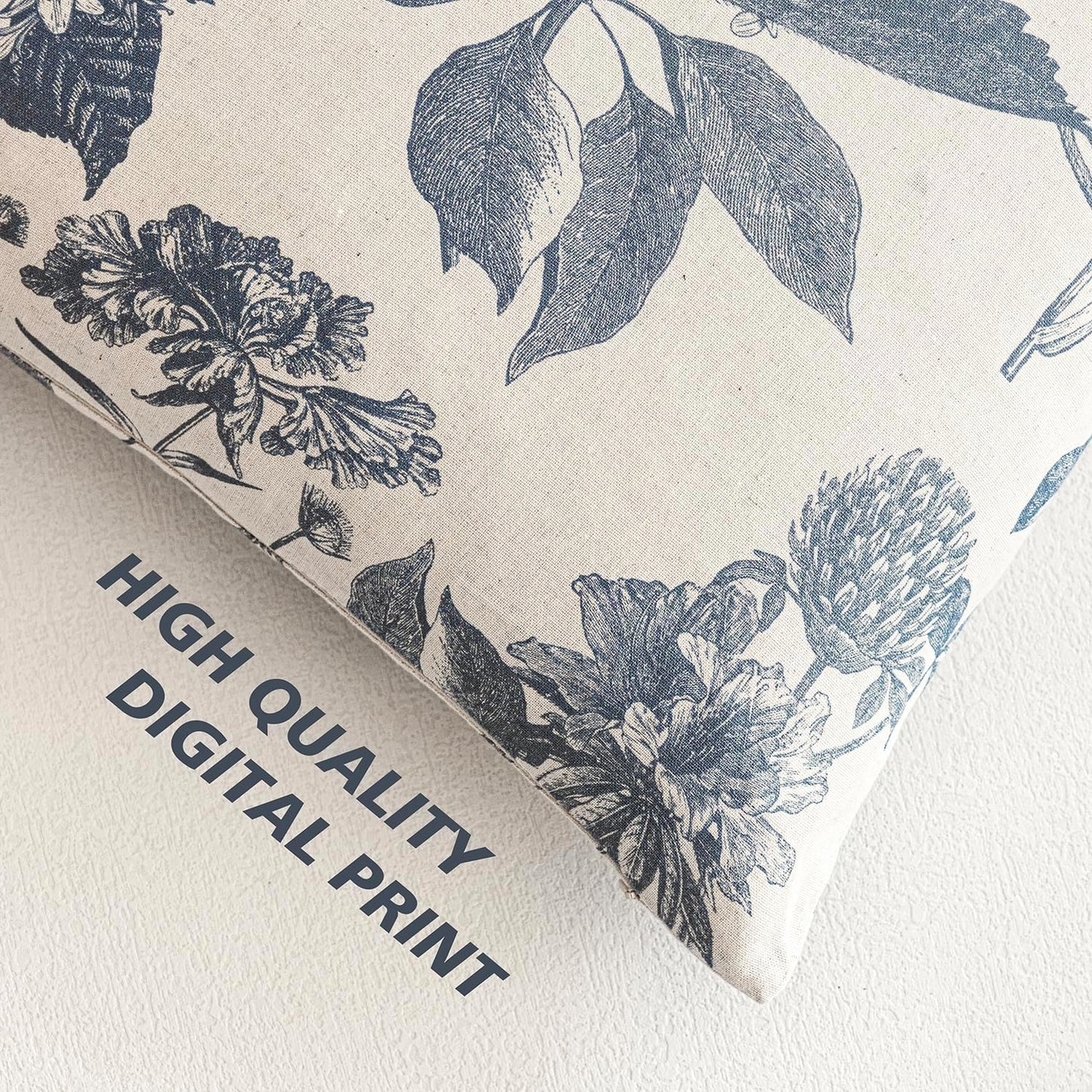 Foindtower Set of 2 Linen Floral Vintage Throw Pillow Covers Neutral Accent Print Decorative Cushion Covers Farmhouse Boho Home Decor for Sofa Chair Couch Bedroom Living Room Outdoor,22×22 Inch,Blue