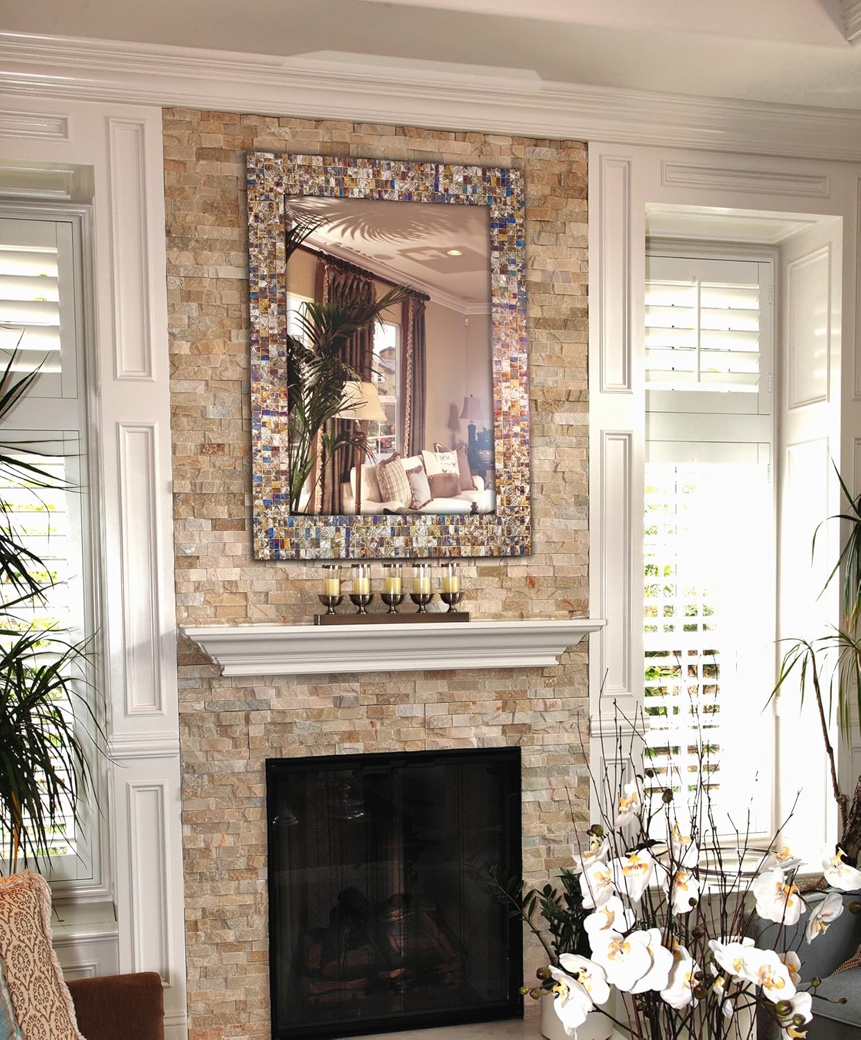 Multi-Colored & Gold, Luxe Mosaic Glass Framed Wall Mirror, Decorative Embossed Mosaic Rectangular Vanity Mirror/Accent Mirror (Large)