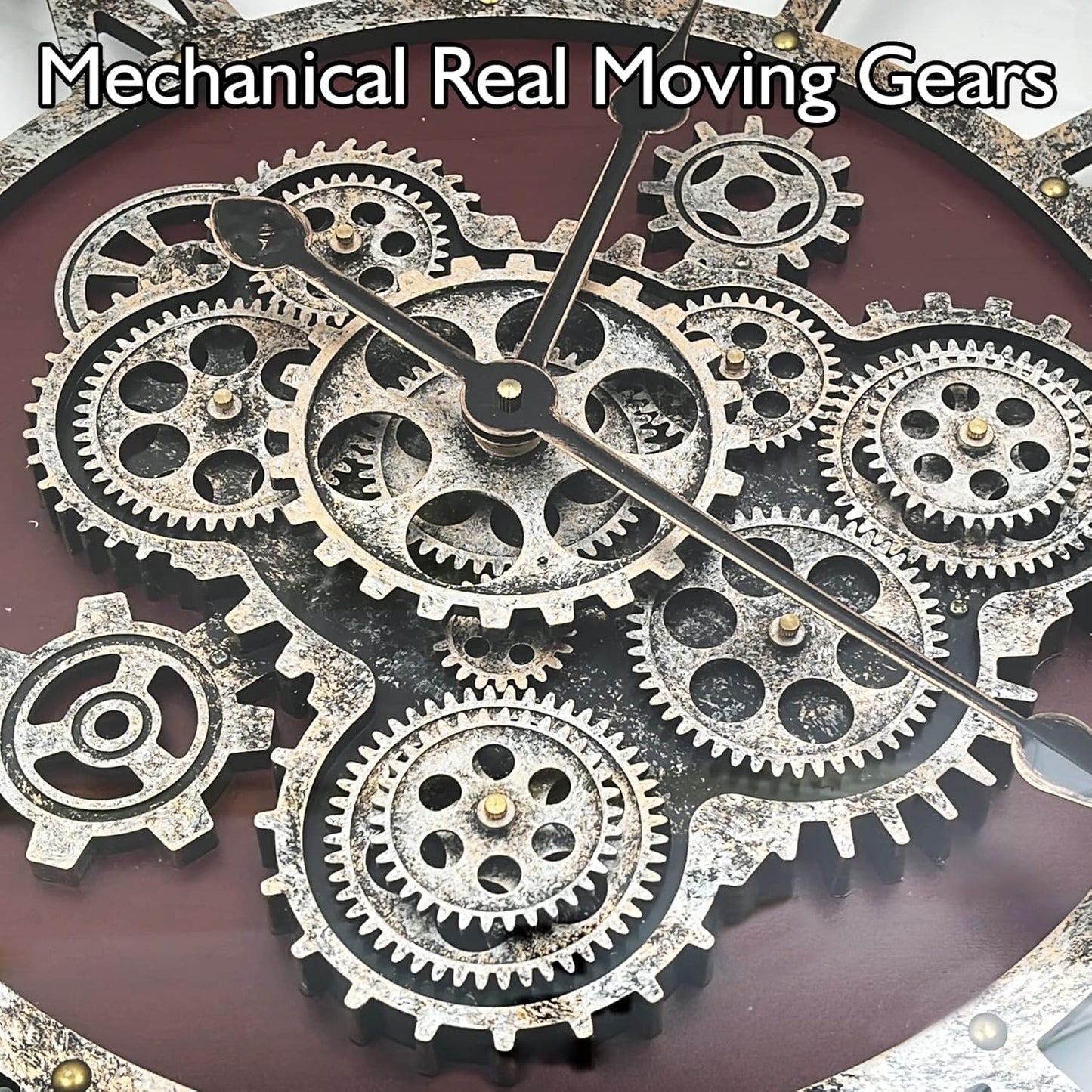 DORBOKER 30" Original Moving Gears Wall Clock, Large Industrial Wall Clock for Living Room Decor, Retro Wood Vintage Farmhouse Steampunk Rustic Clocks for Wall Decor,Red Walnut Wood