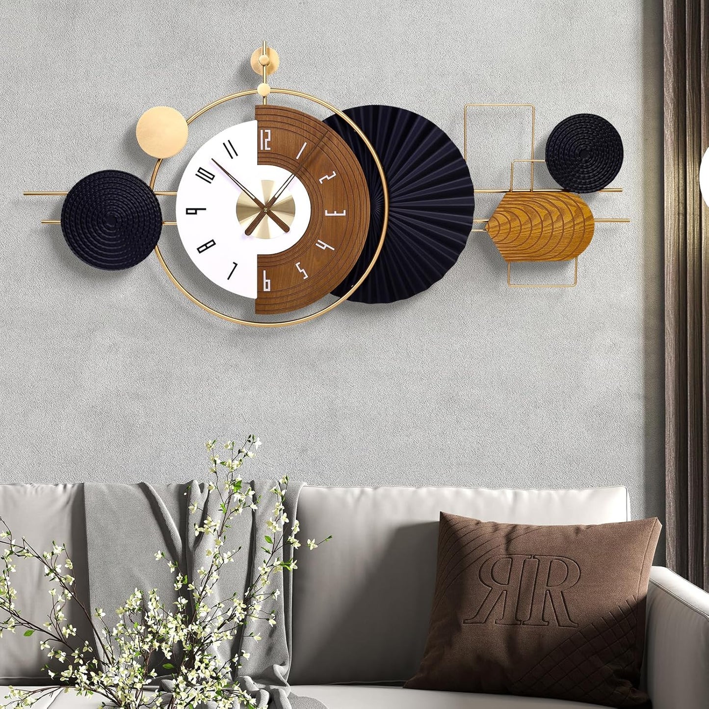 38.9X18inch Extra Large Wall Clock Battery Operated Decorative Modern Clocks for Living Room,Luxury Geometric Wall Clock Artistic Iron Wood Clocks for Suitable for Bed Room, Kitchen, Office