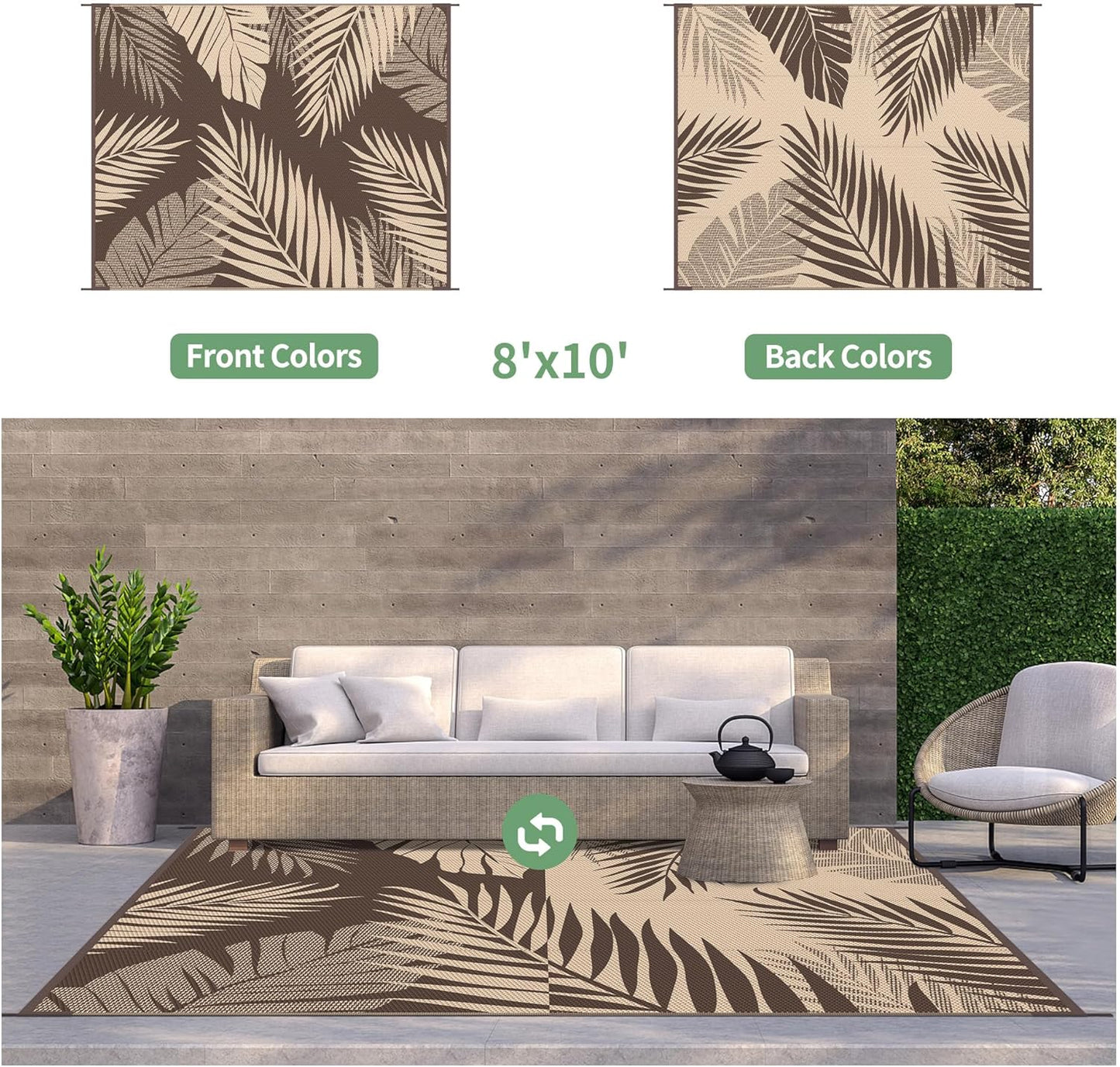 GENIMO Outdoor Rug 8' x 10' Waterproof for Patios Clearance, Reversible Outdoor Plastic Straw Camping Rug Carpet, Large Area Rugs Mats for RV, Camper, Deck, Balcony, Porch, Beach, Picnic, Coffee&Beige