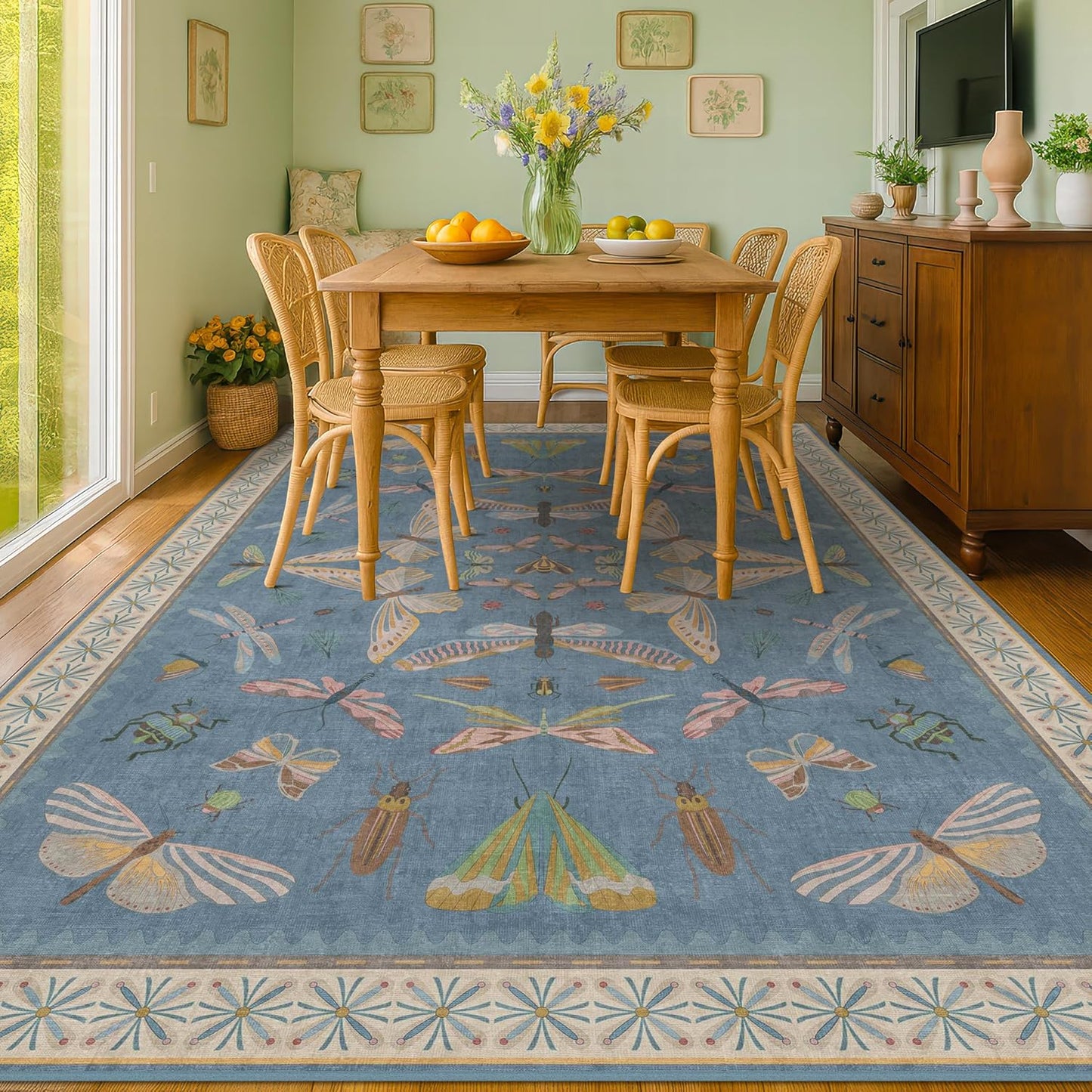 6x9 Blue Floral Rug for Dining Room Table - Area Rugs for Living Room, Bedroom, Insect Moth Art Nouveau Décor, Washable Lightweight Foldable Non Slip