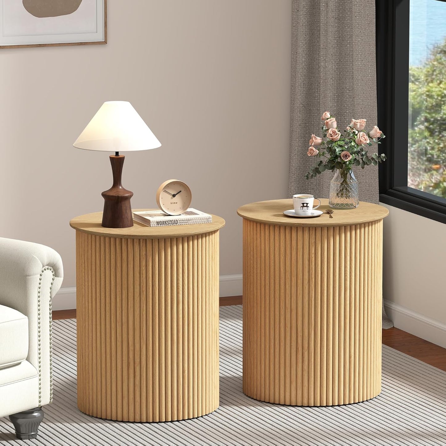 AVZEAR Small Round Side Table Fluted Night Stand Set of 2, Modern Boho End Table with Storage, 17.7" Circle Bedside Tables Wood Nightstands for Small Spaces, Living Room, Bedroom (Natural)