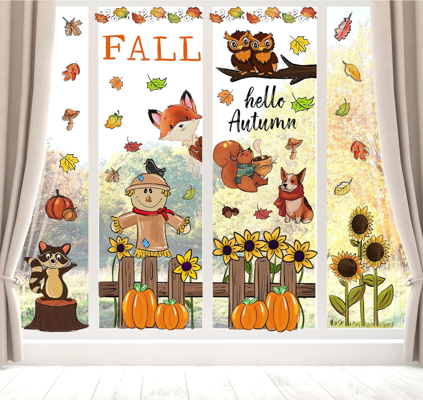 6 Sheets Fall Window Clings Fall Watercolor Pumpkin Maple Leaves Scarecrow Owl Sunflower Window Stickers for Autumn Thanksgiving Harvest Home Window Decals Decor