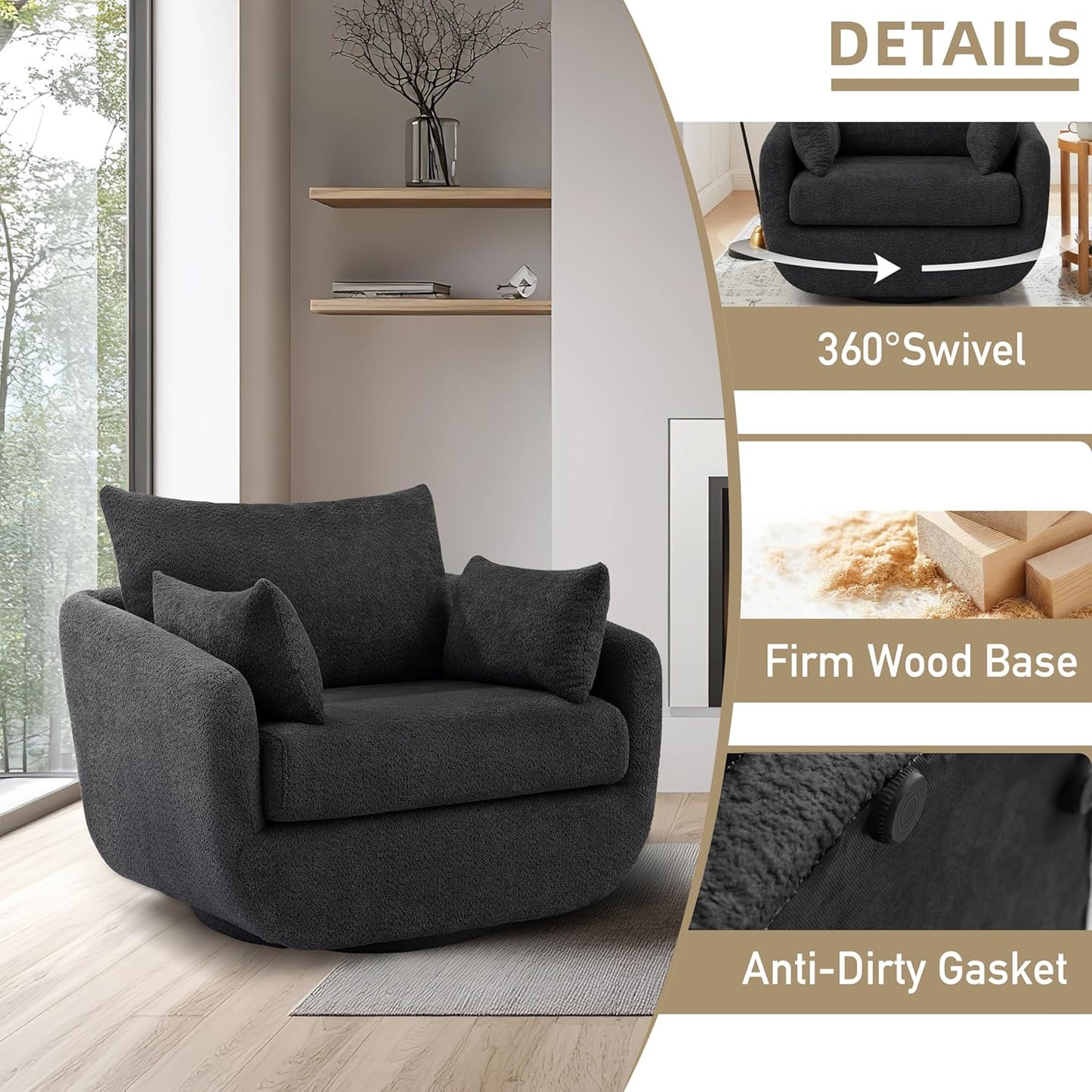 360° Swivel Accent Armchair Set of 2, 39.3" Oversized, Sherpa Boucle Fabric Sofa Chair with Removable Back & Arm Pillows, Swivel Chairs with Cozy Soft Padded, No Assembly Required, Dark Gray