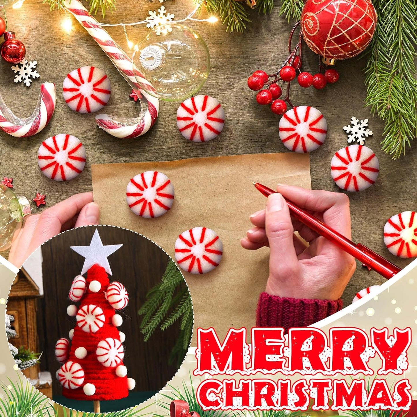 36 Pcs Felt Peppermint Decoration Christmas Wool Peppermints Christmas Arts Crafts Supplies, DIY Garland for Tree Home Vase Filler Decoration(Red)