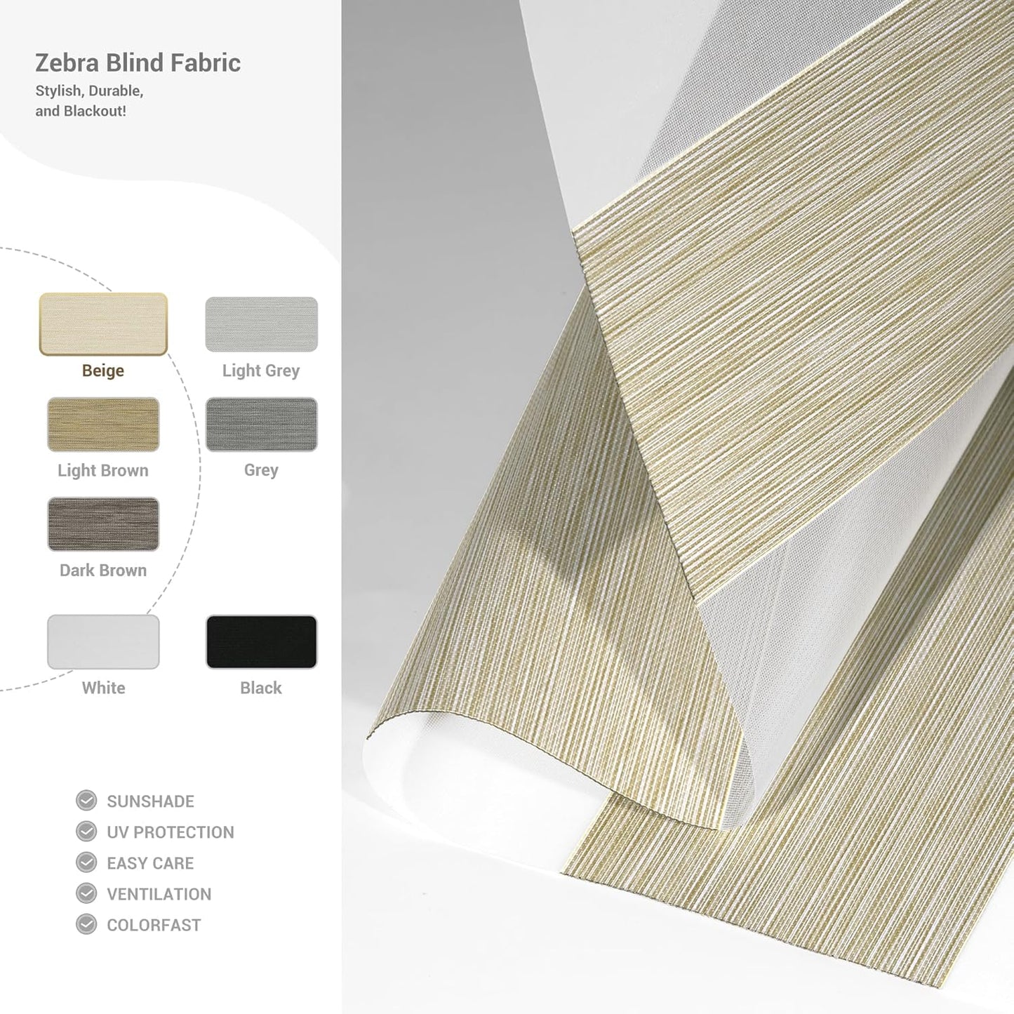 Cordless Zebra Blinds for Windows, Blackout Interior Blinds,Easy to Install,UV Protection,for Offices and Home,Custom Roller Shades, Mousse Beige,56" W x 56" H