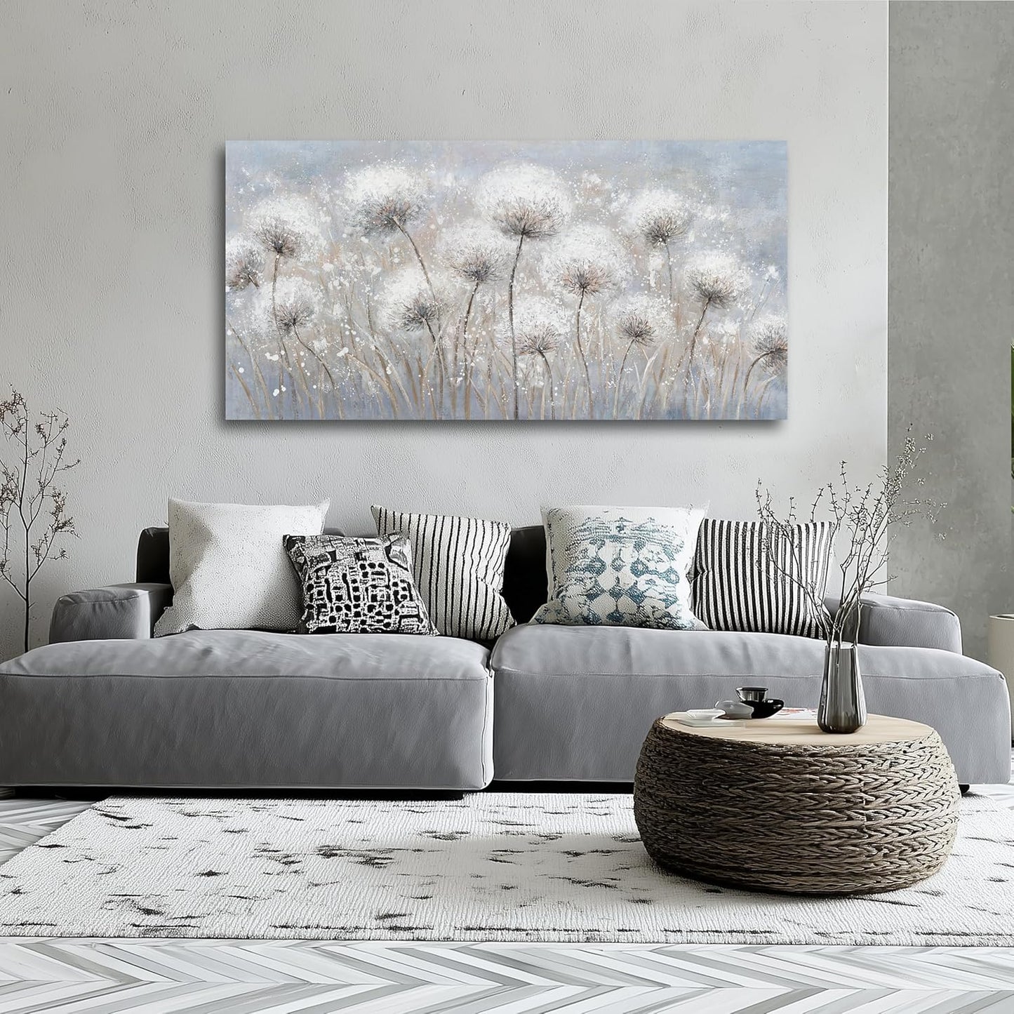 Belmrxne Dandelion Floral Wall Art White and Black Wall Decor Modern Artwork Above Couch Canvas Painting for Living Room Bedroom Dining Room Office Home Decor 24x48 inch