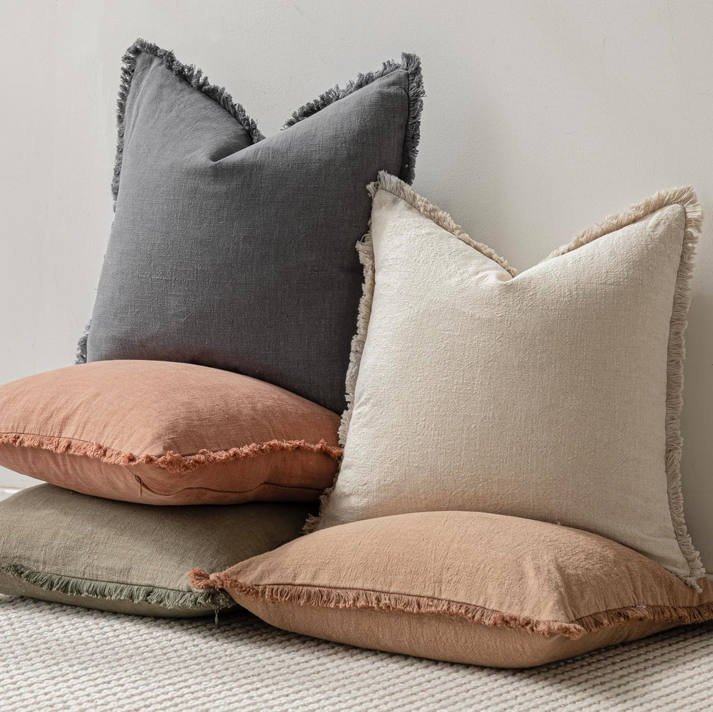 Foindtower Set of 2 Decorative Linen Fringe Lumbar Throw Pillow Covers Boho Farmhouse Cushion Cover with Tassels Soft Accent Pillowcase for Couch Sofa Bed Living Room Home Decor,12×20 Inch,Gray