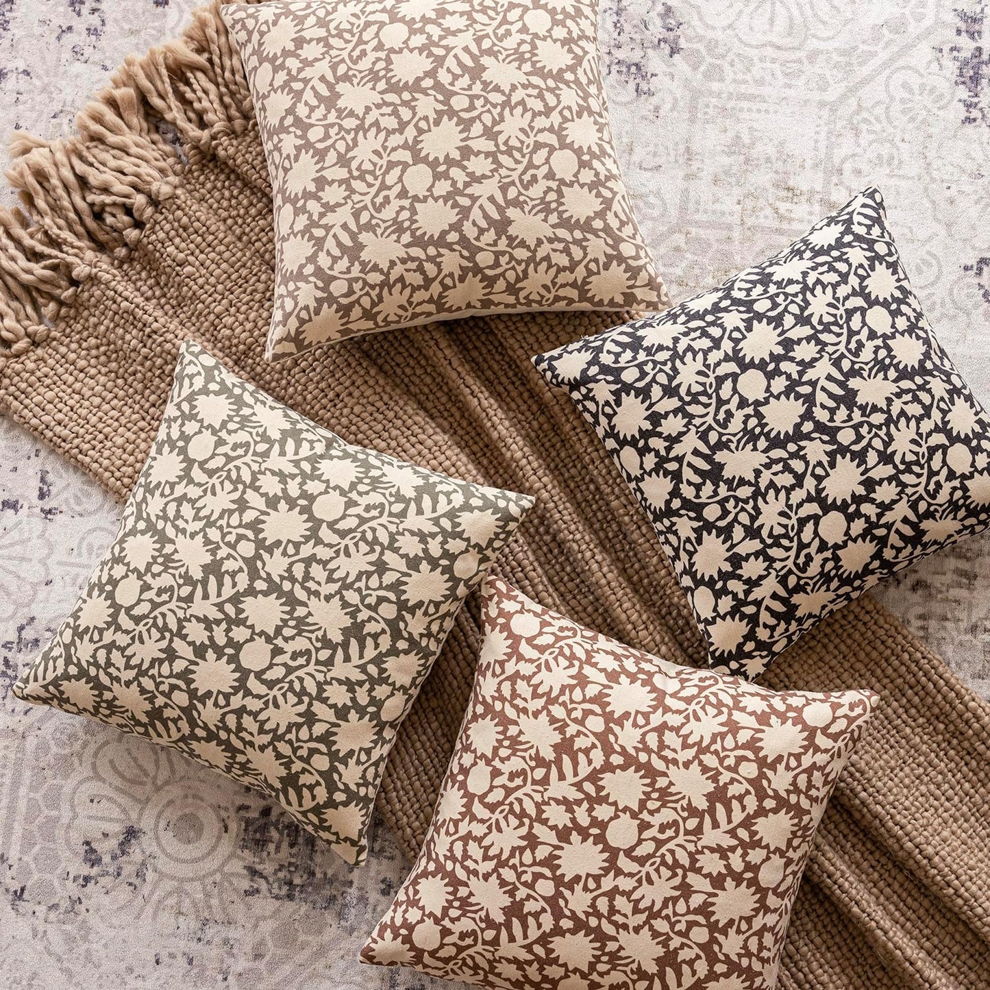 Foindtower Set of 2 Decorative Neutral Floral Throw Pillow Covers Accent Farmhouse Cushion Covers Boho Vintage Pillowcase for Couch Sofa Bedroom Living Room Home Decor Outdoor,20×20 Inch,Tan