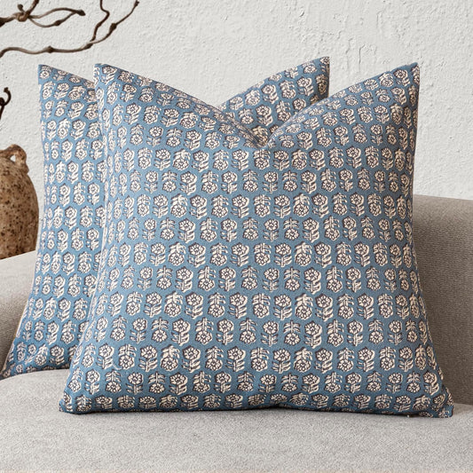 Foindtower Set of 2 Decorative Neutral Floral Print Throw Pillow Covers Vintage Accent Farmhouse Cushion Covers Boho Home Decor for Sofa Chair Couch Bedroom Living Room Outdoor,18×18 Inch,Dusty Blue