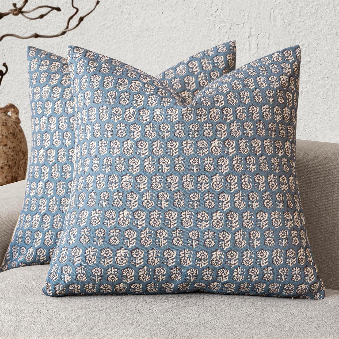 Foindtower Set of 2 Decorative Neutral Floral Print Throw Pillow Covers Vintage Accent Farmhouse Cushion Covers Boho Home Decor for Sofa Couch Chair Bedroom Living Room Outdoor,24×24 Inch,Dusty Blue