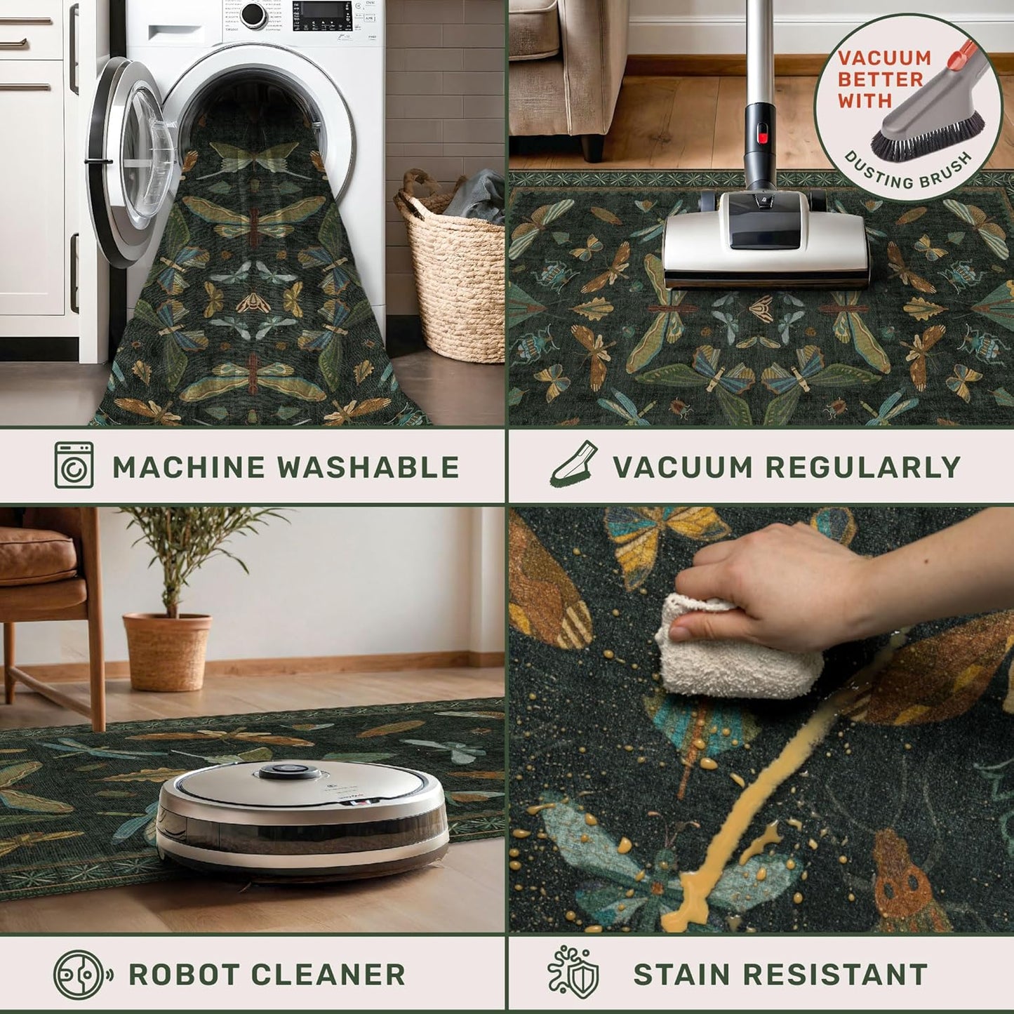 Green Living Room Rug - Vintage Washable Dark Green 10x14 Rug for Dining Room Under Table, Bedroom, Insect Moth Floral Design, Non-Slip Soft Low Pile