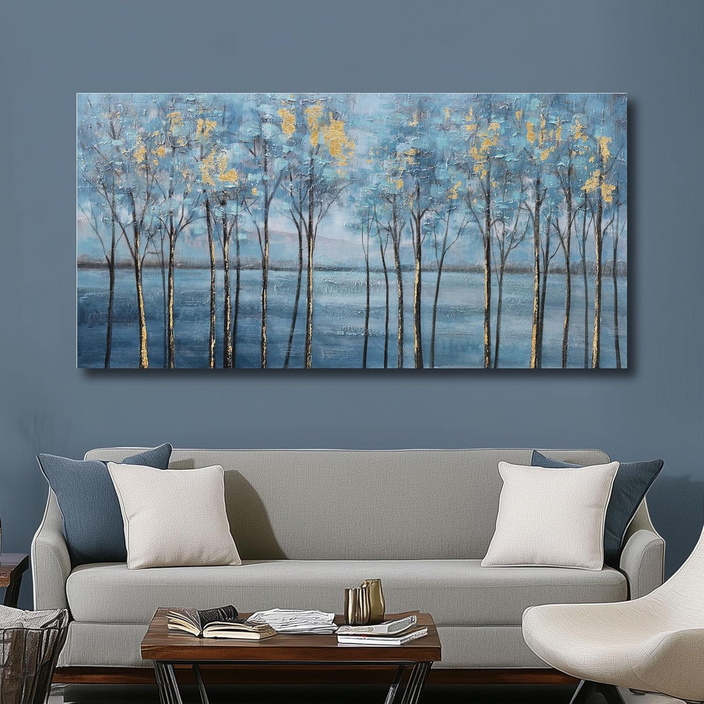 Belmrxne Tree Wall Art Blue and Gold Wall Decor Modern Funky Artwork Painting for Wall Decoration Designer Canvas Painting for Living Room Bedroom Dining Room Office Home Decor 20x40inch