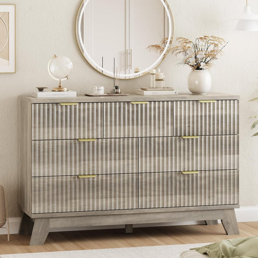 Fluted Dresser for Bedroom with 7 Drawers, 48" Wide Modern Chest of Drawers with Metal Handle, Wood Dresser TV Stand, Wooden Closet Clothes Storage Organizer for Living Room, Hallway, Grey