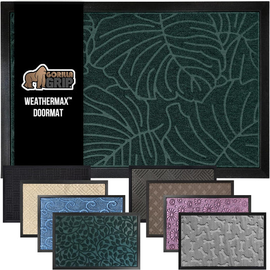 GORILLA GRIP 100% Waterproof All-Season WeatherMax Doormat, 47x35, US Designed Natural Rubber, Stain and Fade Resistant, Low Profile Indoor Outdoor Door Mats, Easy Clean Patio Mat, Green Palm