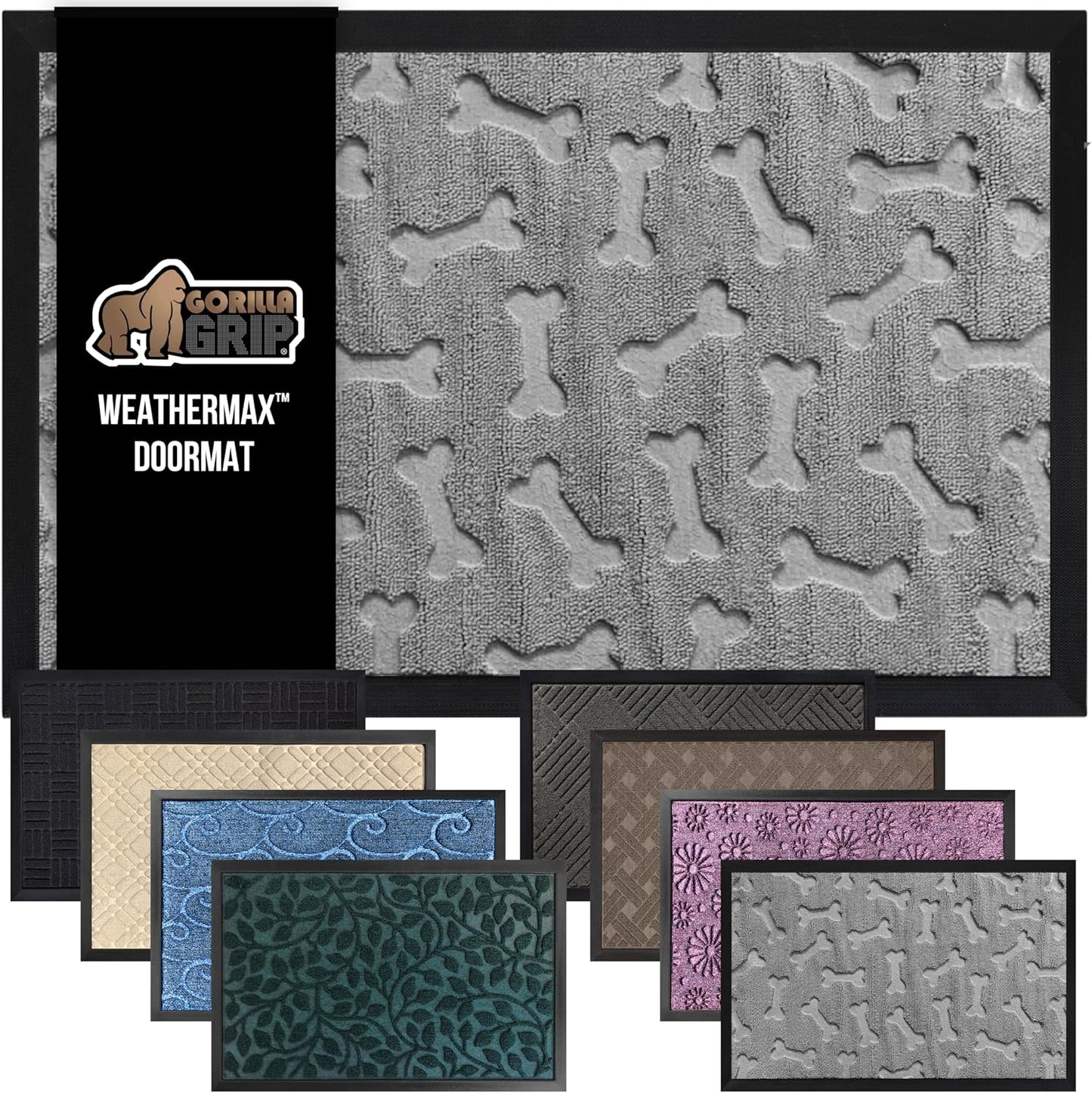 GORILLA GRIP 100% Waterproof All-Season WeatherMax Doormat, US Designed Natural Rubber, Stain and Fade Resistant, Low Profile Indoor Outdoor Door Mats, Easy Clean Patio Mat, 17x29, Light Gray Bones