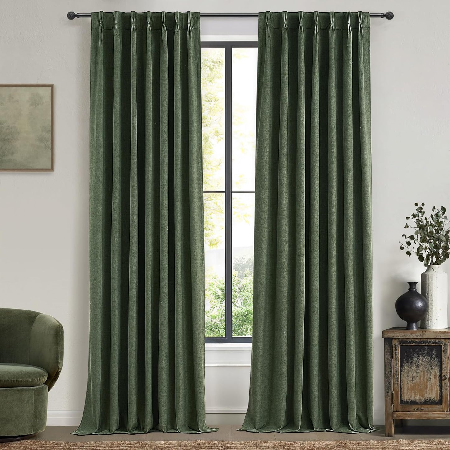 Extra Long Curtain Panels 96 Inches Long Window Curtains & Drapes for Living Room 2 Panels Set Organic Basics Backout Curtains Linen Pinch Pleated for Traverse Rods Dark Academia Olive Green