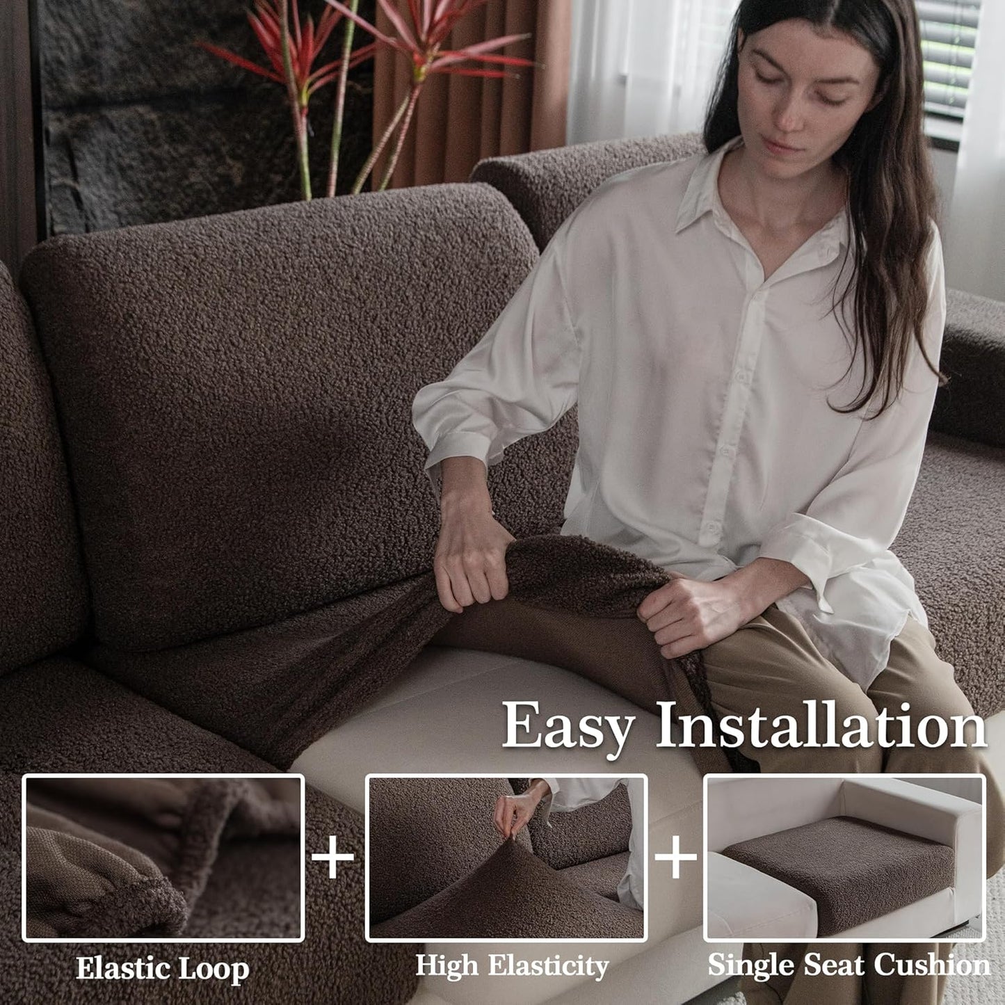 Couch Cushion Covers for Sectional Sofa, Stretch Soft Sofa Slipcovers Washable Wear-Resistant Universal Furniture Protector for Living Room(2 Seaters Covers+1 Chaise Cover, Brown)