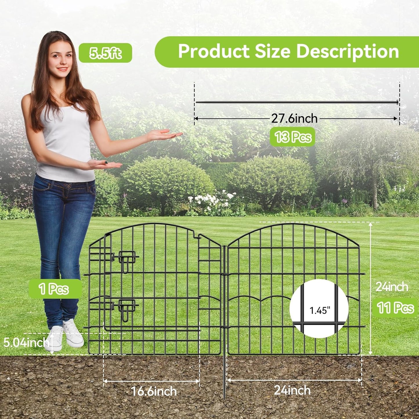 Decorative Garden Fence 12 Panels 24ft (L)×24in (H) Metal Garden Fences with 11 Panels + 1 Gate, No Dig Animal Barrier Fencing Rustproof Wire Border Temporary Dog Fence for Patio Outdoor Yard Lawn