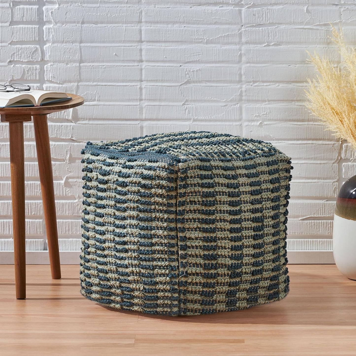 GDFStudio Boho Handmade Fabric Cube Pouf Ottoman Foot Stool - Bean Bag Floor Chair - Foot Rest Couch for Living Room Bedroom,Blue, Teal and Natural,15.75""x15.75""x15.75"", 312725N