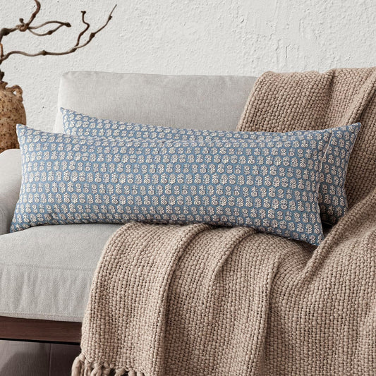 Foindtower Set of 2 Decorative Neutral Body Lumbar Throw Pillow Covers Vintage Accent Farmhouse Cushion Covers Floral Home Decor for Sofa Couch Chair Bedroom Living Room Outdoor,14×36 Inch,Dusty Blue