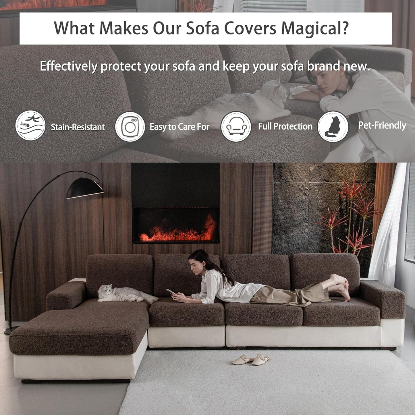 Couch Cushion Covers for Sectional Sofa, Stretch Soft Sofa Slipcovers Washable Wear-Resistant Universal Furniture Protector for Living Room(3 Seaters Covers+1 Chaise Cover, Brown)