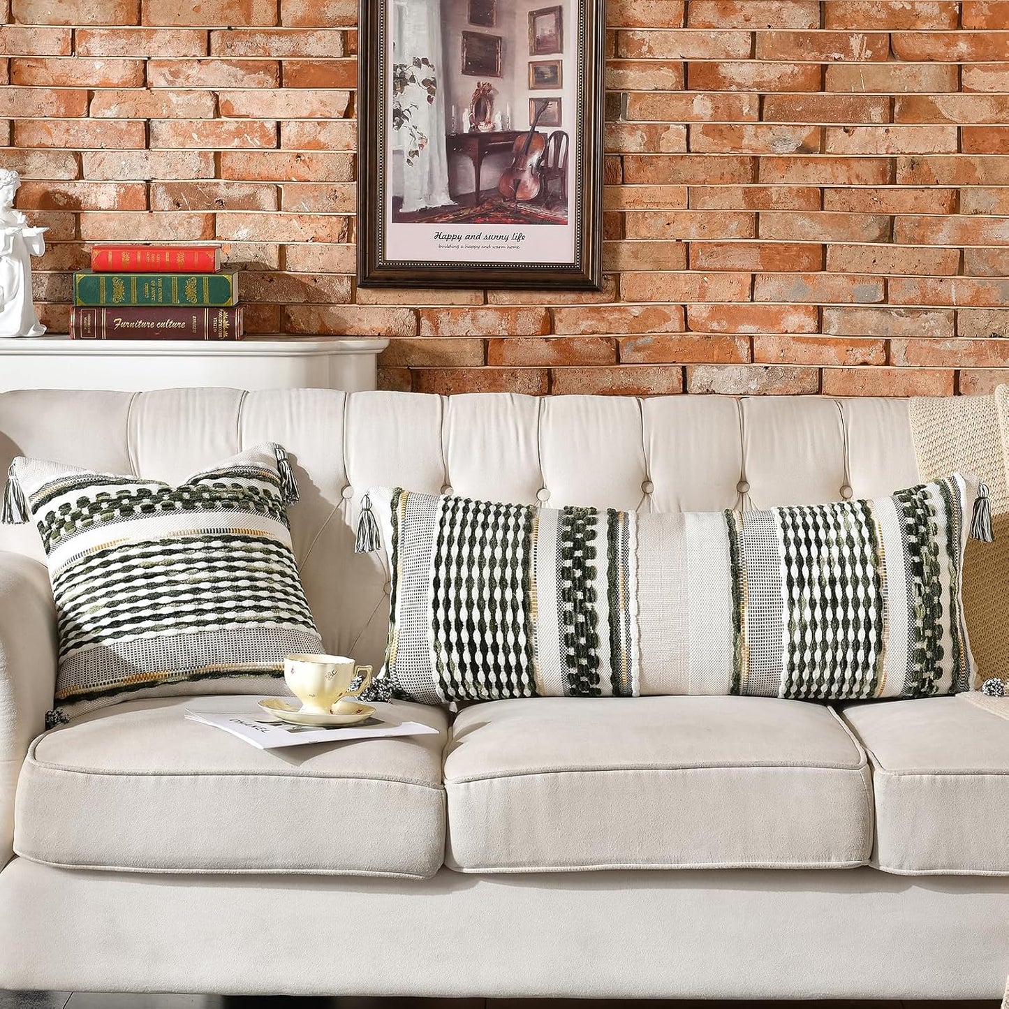 AmHoo Chenille Striped Textured Boho Throw Pillow Covers Aesthetic with Tassels Woven Decorative Pillow Case for Couch Bed Sofa Bedroom Modern Funky 14 x 36-Inch Sage Green