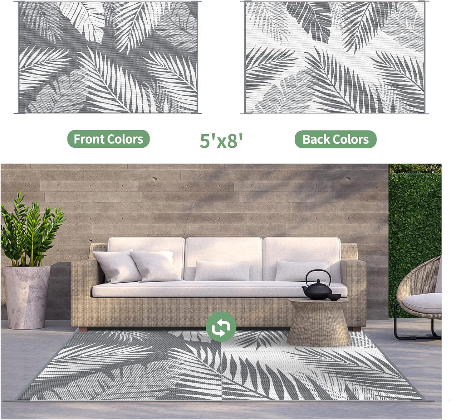 GENIMO Outdoor Rug 5' x 8' Waterproof for Patios Clearance, Reversible Plastic Straw Camping Carpet, Large Area Rugs Mats for RV, Picnic, Backyard, Deck, Balcony, Porch, Beach, Grey&White